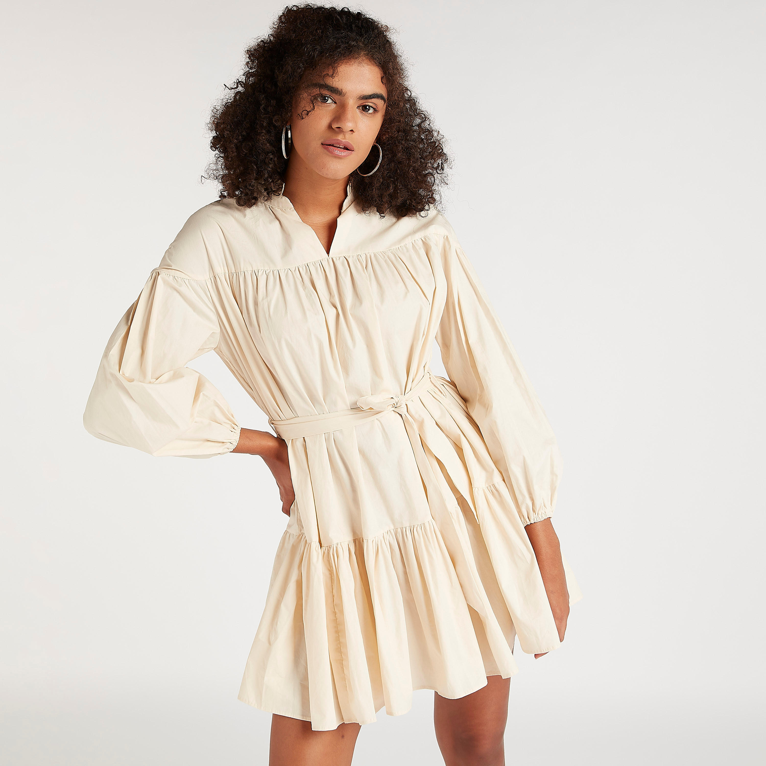 فستان منسدل قصير سادة بأكمام طويلة ورباط من تو إكستريمز-women-clothing-dresses-image-6