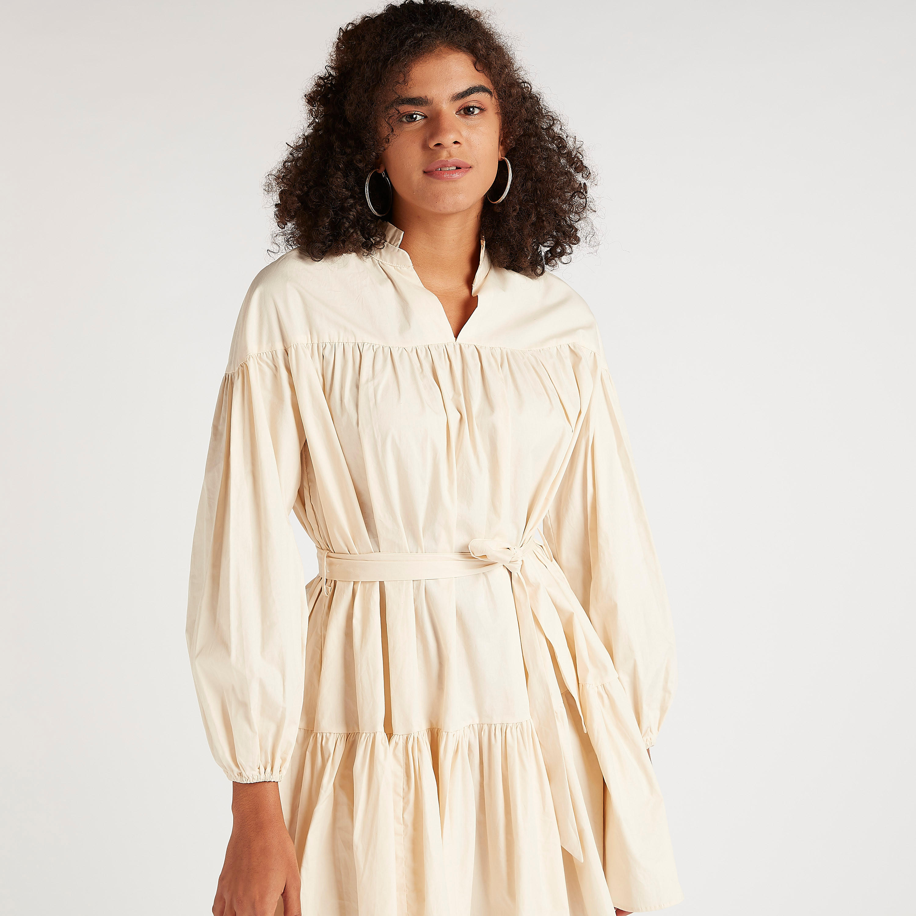فستان منسدل قصير سادة بأكمام طويلة ورباط من تو إكستريمز-women-clothing-dresses-image-1