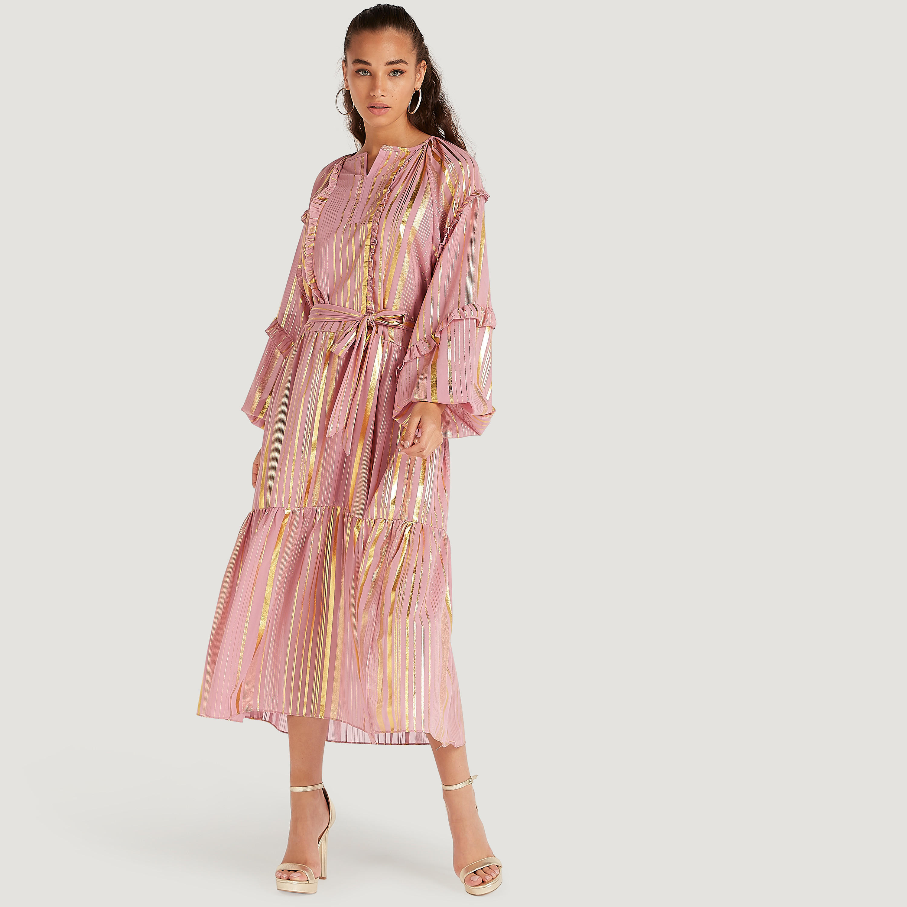 فستان إيه لاين ميدي مخطّط بأكمام طويلة وخصر برباط من تو إكستريمز-women-clothing-dresses-image-1