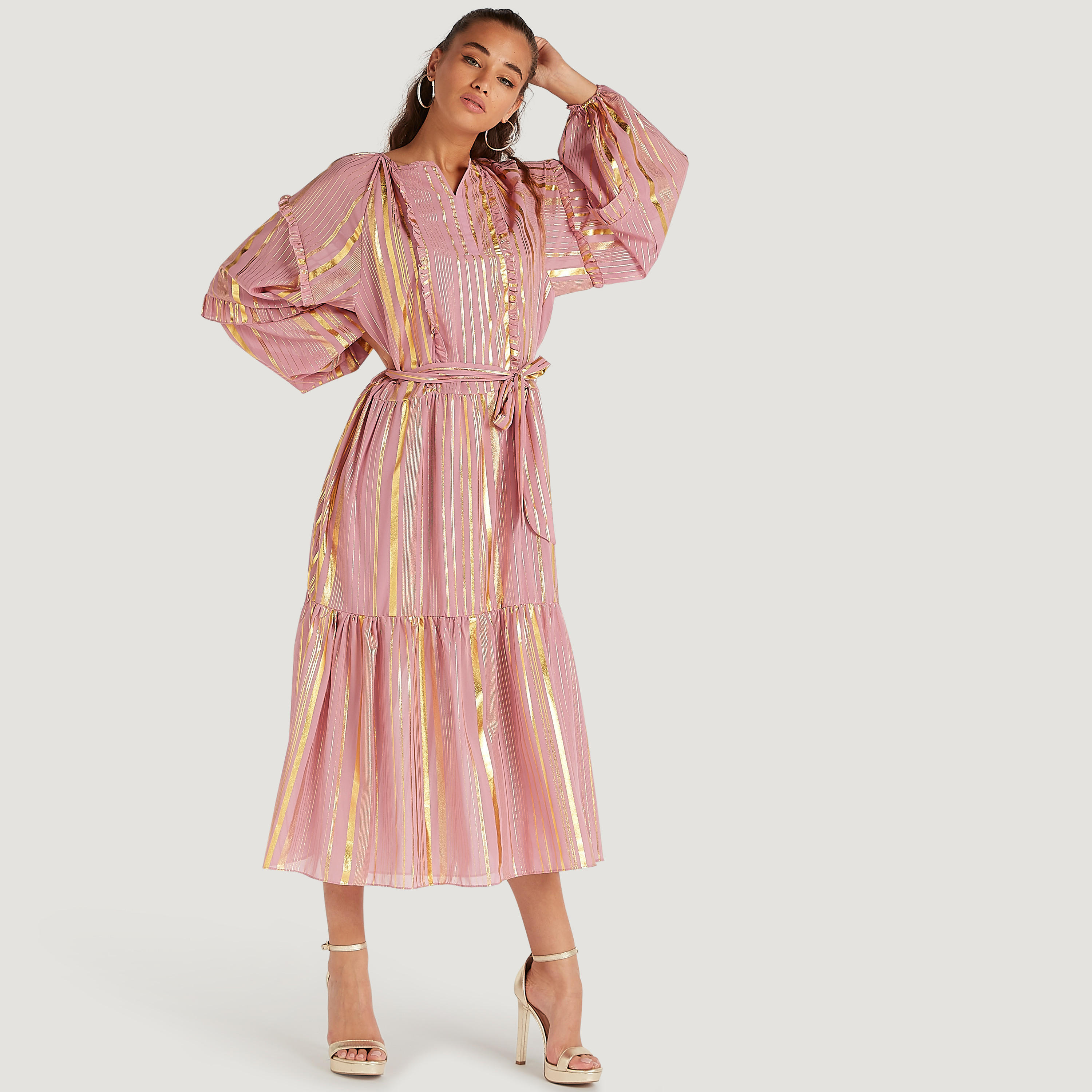 فستان إيه لاين ميدي مخطّط بأكمام طويلة وخصر برباط من تو إكستريمز-women-clothing-dresses-image-2