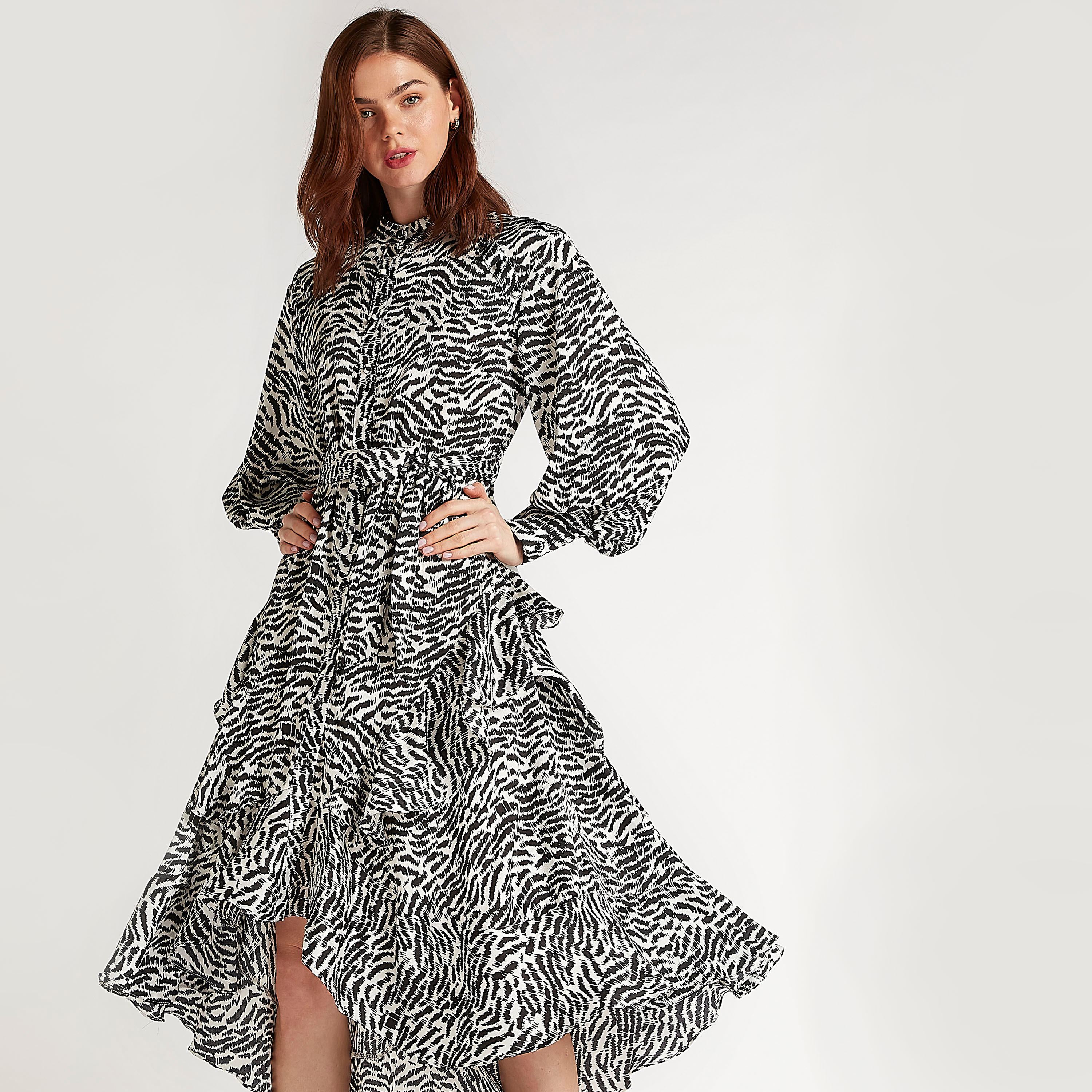 فستان ميدي إيه لاين بطبعات حيوانات وأكمام طويلة ووشاح من تو إكستريمز-women-clothing-dresses-image-1