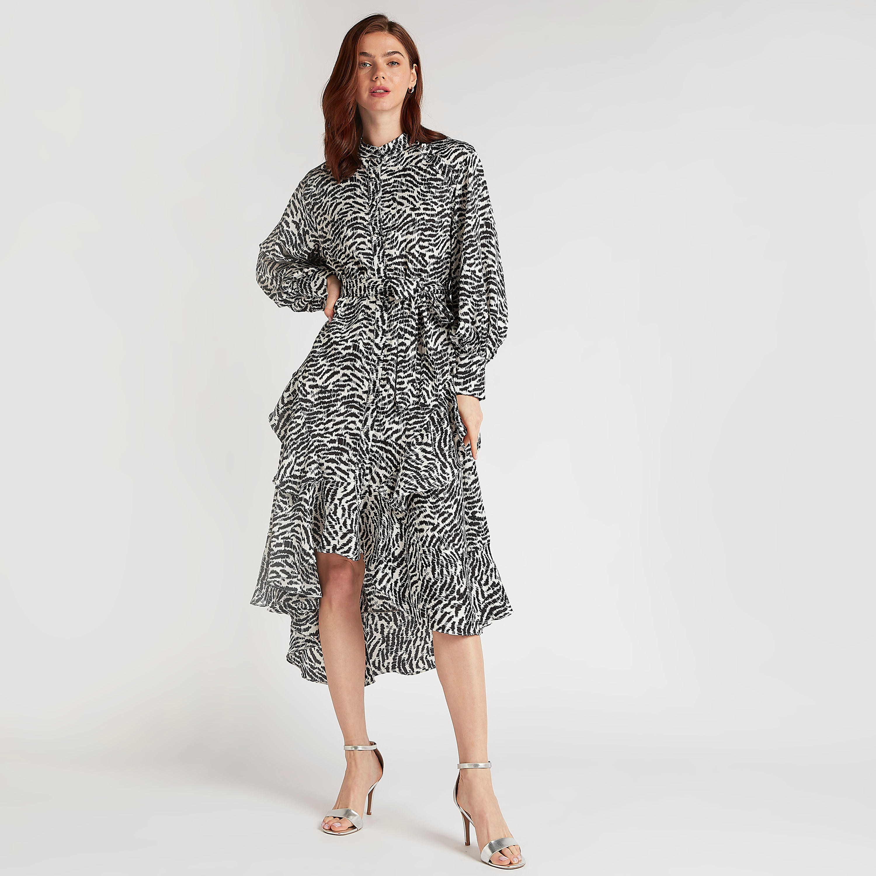 فستان ميدي إيه لاين بطبعات حيوانات وأكمام طويلة ووشاح من تو إكستريمز-women-clothing-dresses-image-2