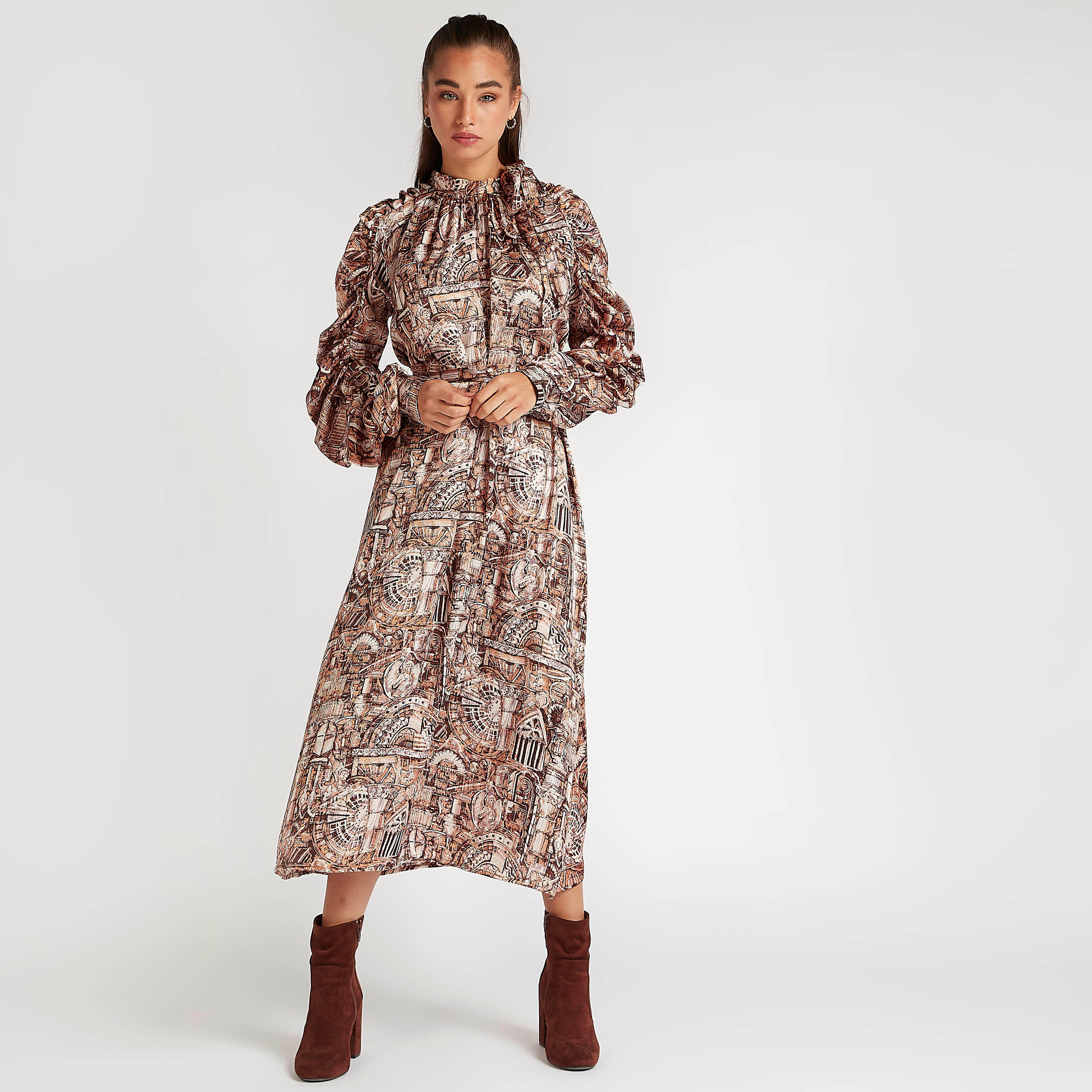 فستان ميدي إيه لاين بياقة عالية وأكمام طويلة من تو إكستريمز-women-clothing-dresses-image-1