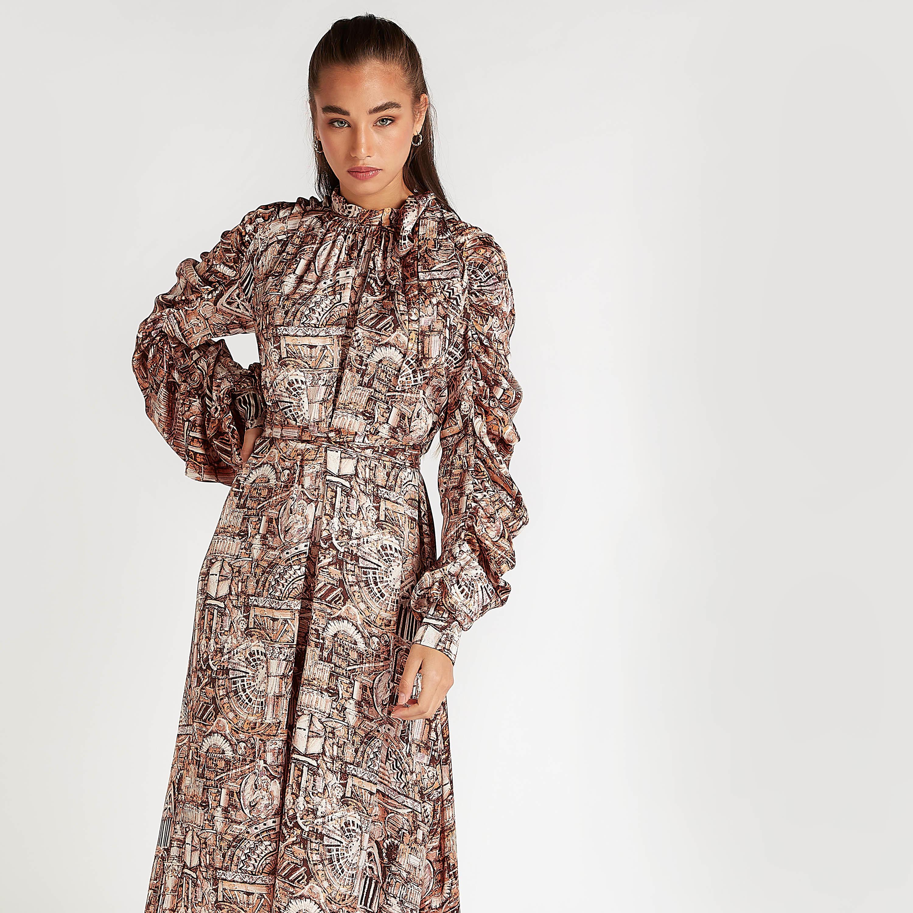فستان ميدي إيه لاين بياقة عالية وأكمام طويلة من تو إكستريمز-women-clothing-dresses-image-7