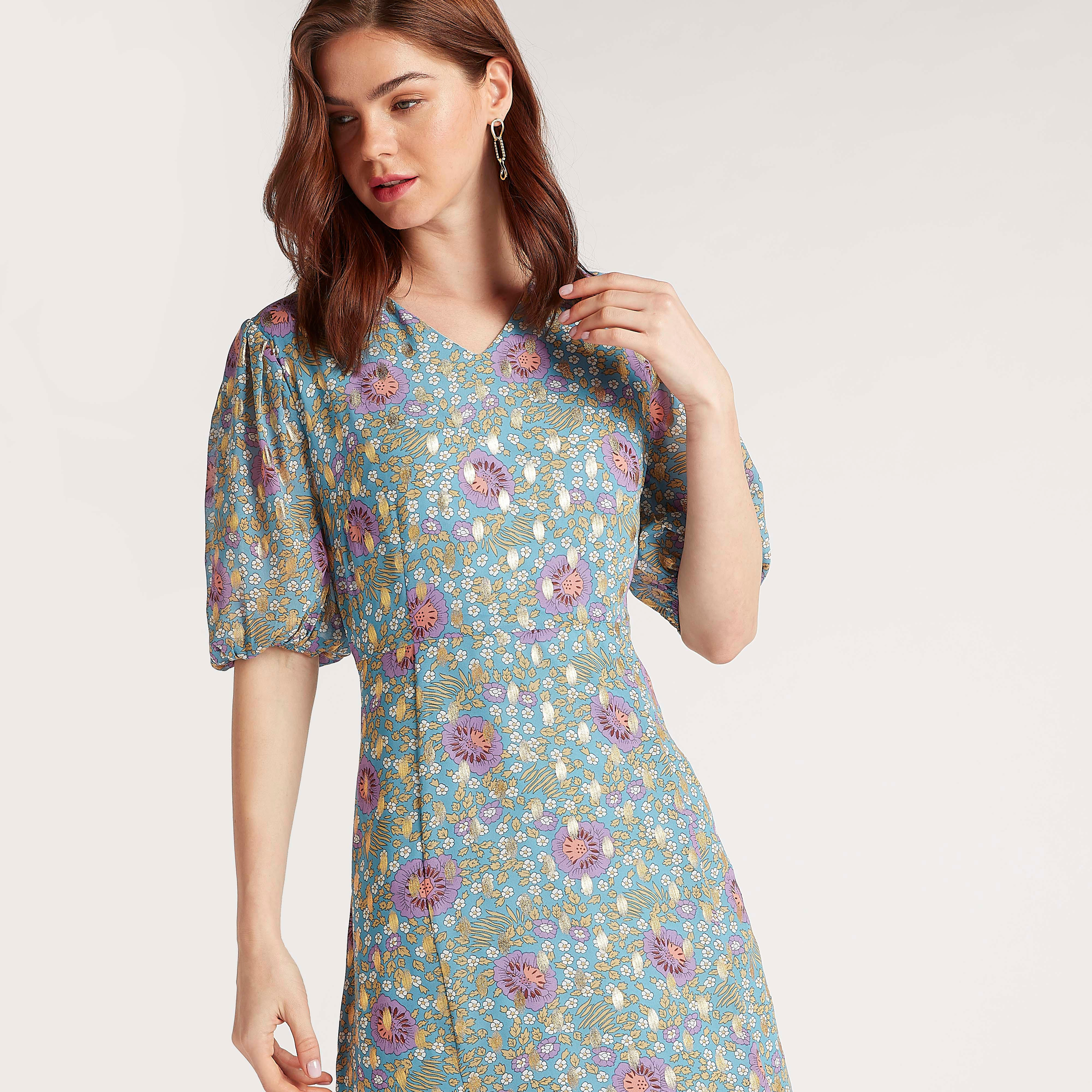 فستان ميدي إيه لاين بطبعات وأكمام قصيرة من تو إكستريمز-women-clothing-dresses-image-3