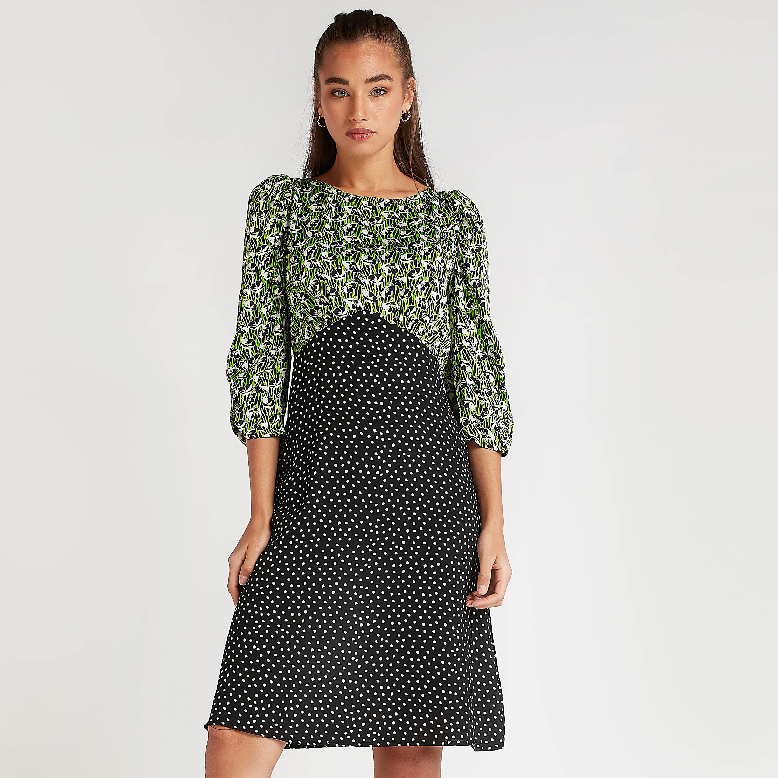 فستان ميدي إيه لاين بطبعات ويياقة مستديرة وأكمام 3/4 من تو إكستريمز-women-clothing-dresses-image-1
