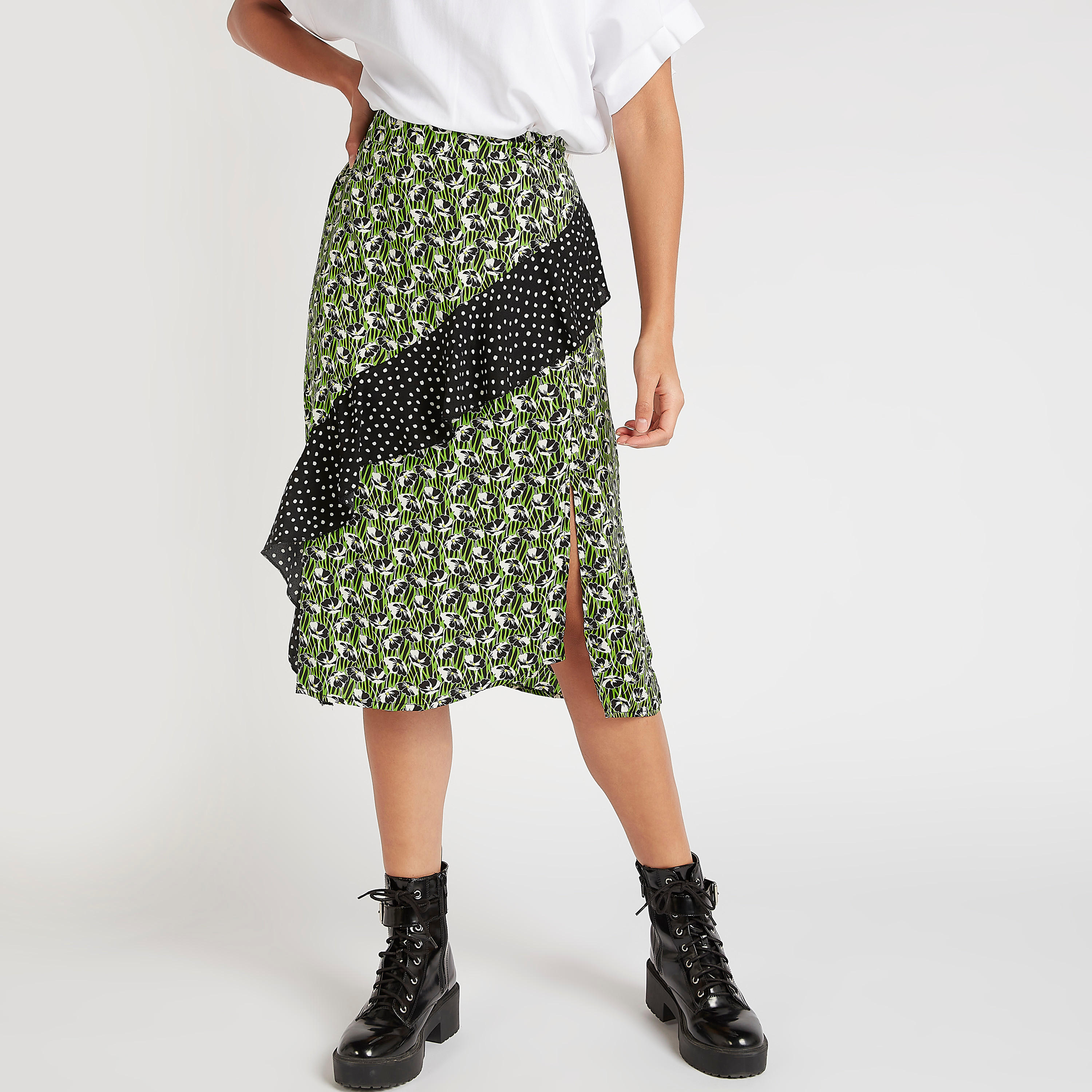 فستان ميدي إيه لاين بطبعات أزهار وفتحة وتفاصيل كشكشة من تو إكستريمز-women-clothing-bottoms-skirts-image-1