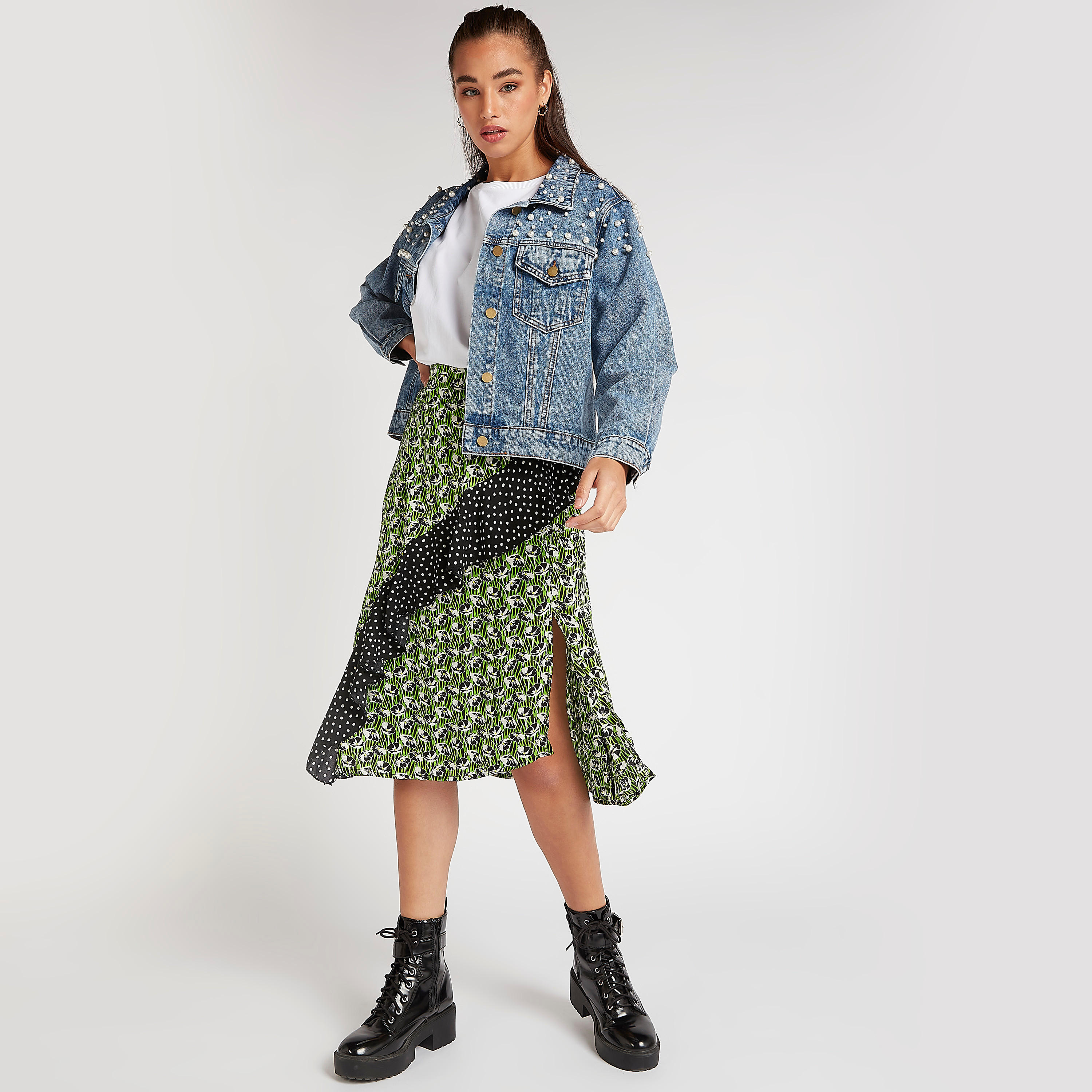 فستان ميدي إيه لاين بطبعات أزهار وفتحة وتفاصيل كشكشة من تو إكستريمز-women-clothing-bottoms-skirts-image-2