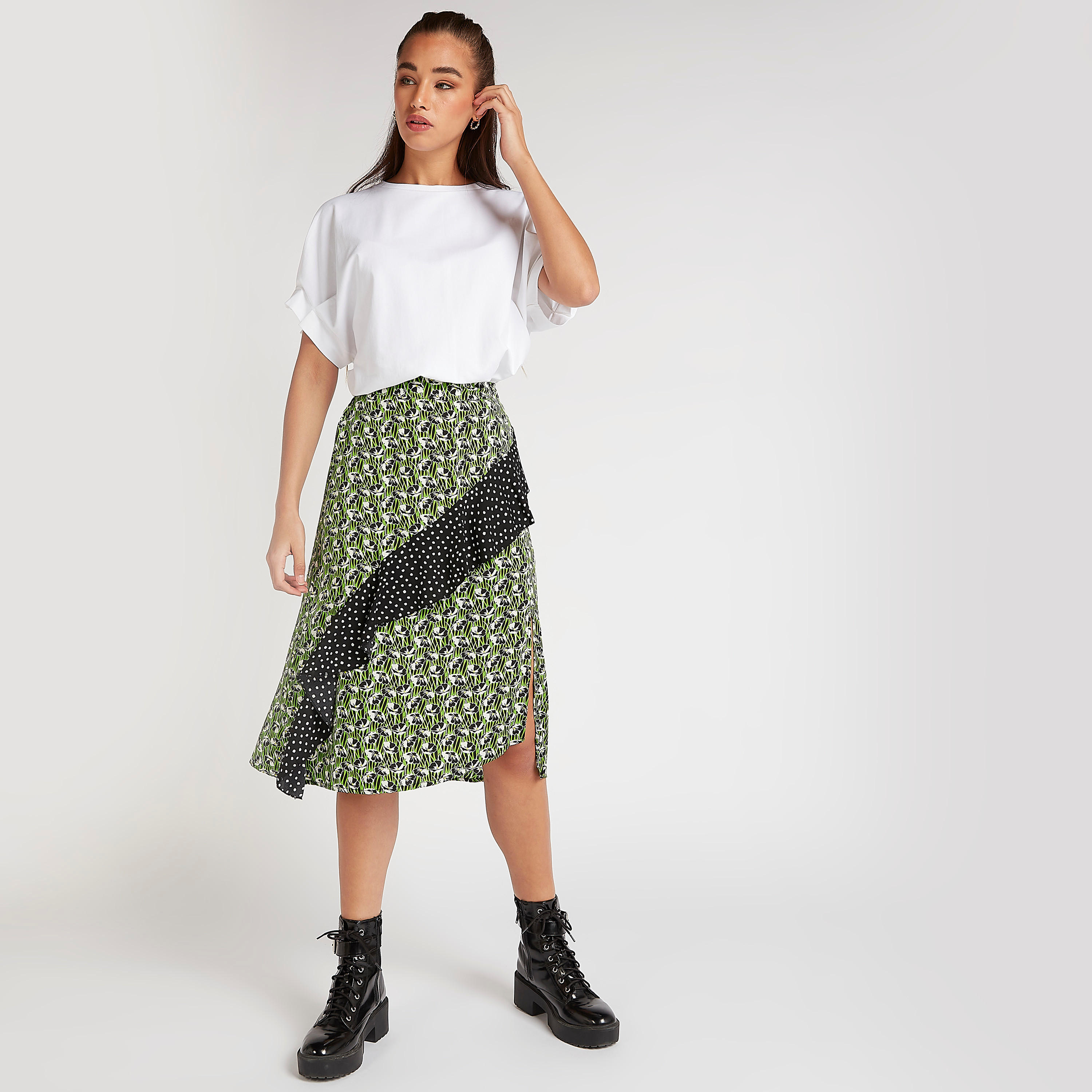 فستان ميدي إيه لاين بطبعات أزهار وفتحة وتفاصيل كشكشة من تو إكستريمز-women-clothing-bottoms-skirts-image-6