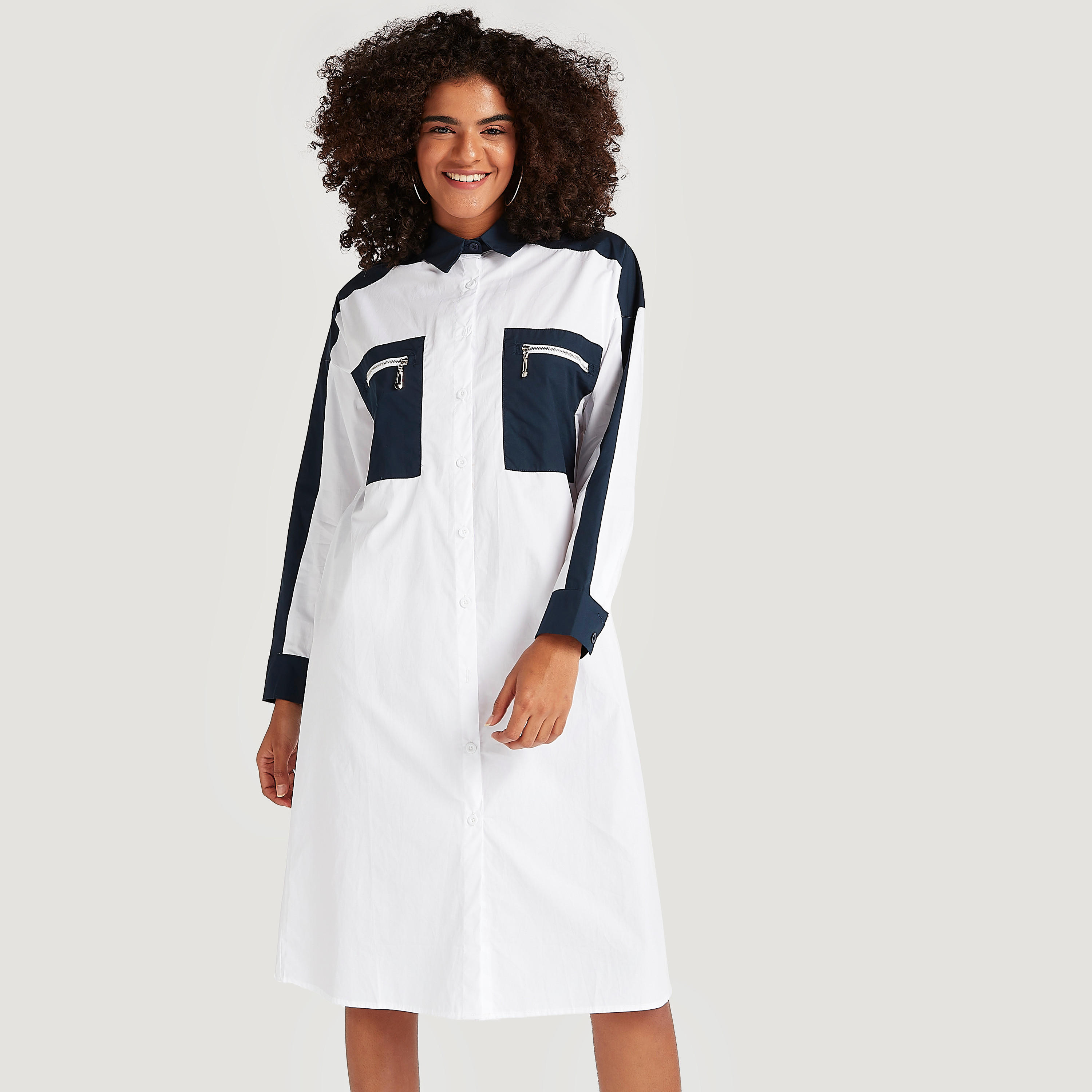 فستان قميص ميدي سادة بأكمام طويلة وجيوب بسحّاب من توإكستريمز-women-clothing-dresses-image-1