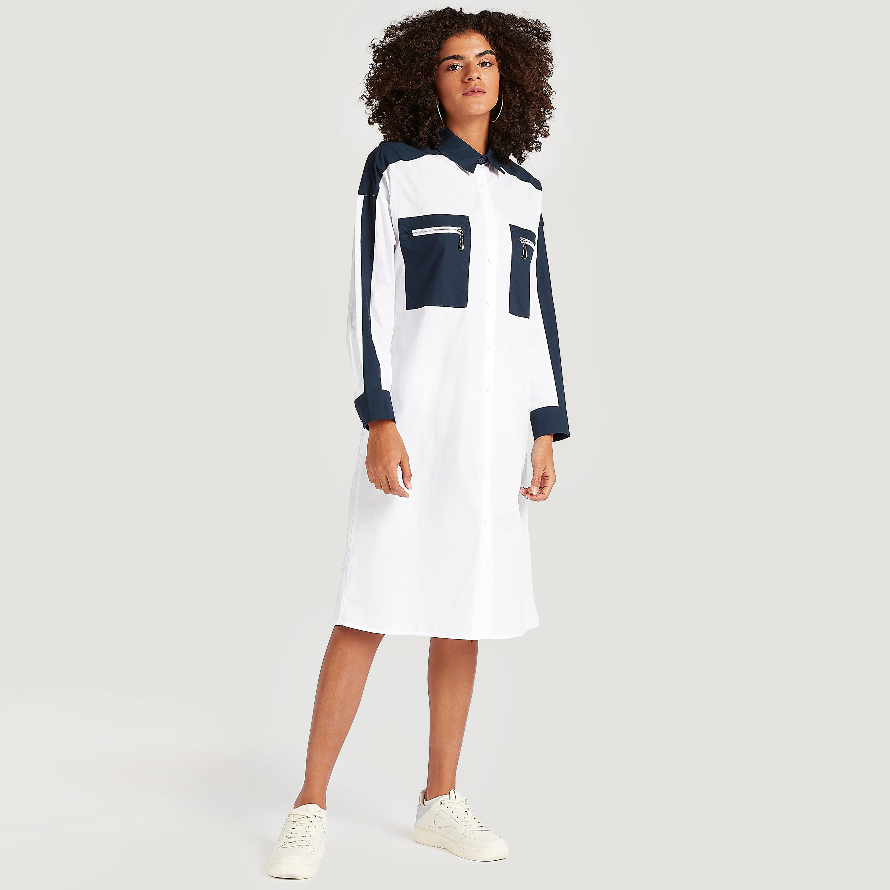 فستان قميص ميدي سادة بأكمام طويلة وجيوب بسحّاب من توإكستريمز-women-clothing-dresses-image-2