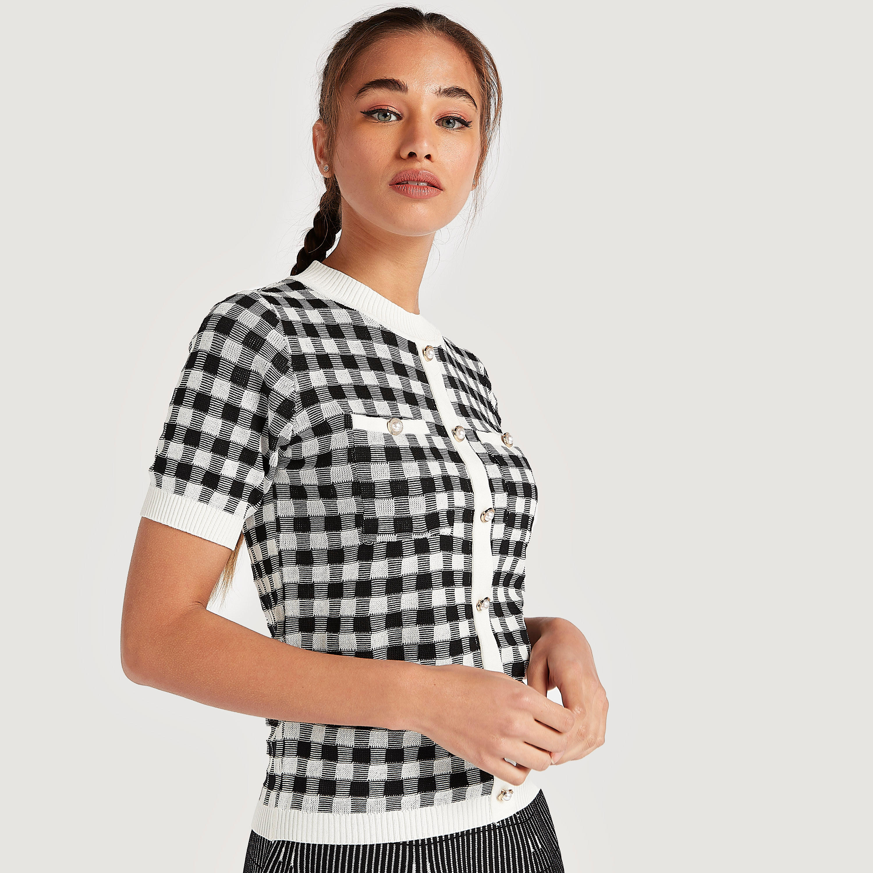 2Xtremz Checked Sweater with Short Sleeves and Pockets-women-winterwear-cardigansandjumpers-cardigans-image-5