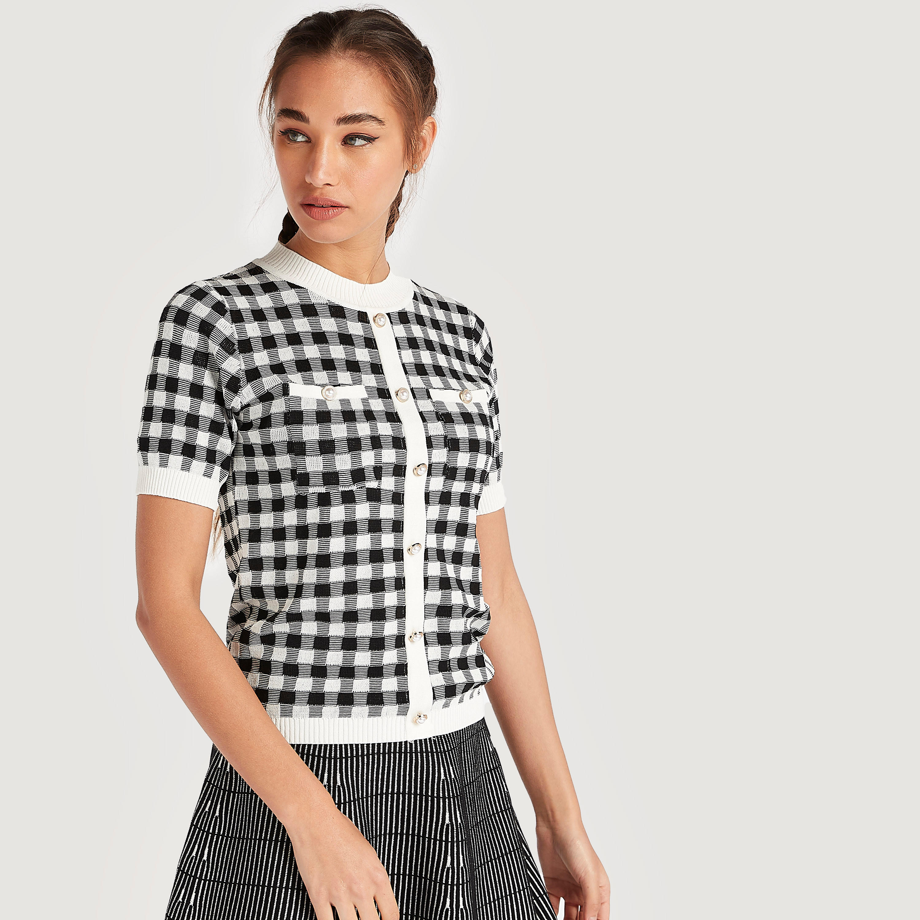 2Xtremz Checked Sweater with Short Sleeves and Pockets-women-winterwear-cardigansandjumpers-cardigans-image-7