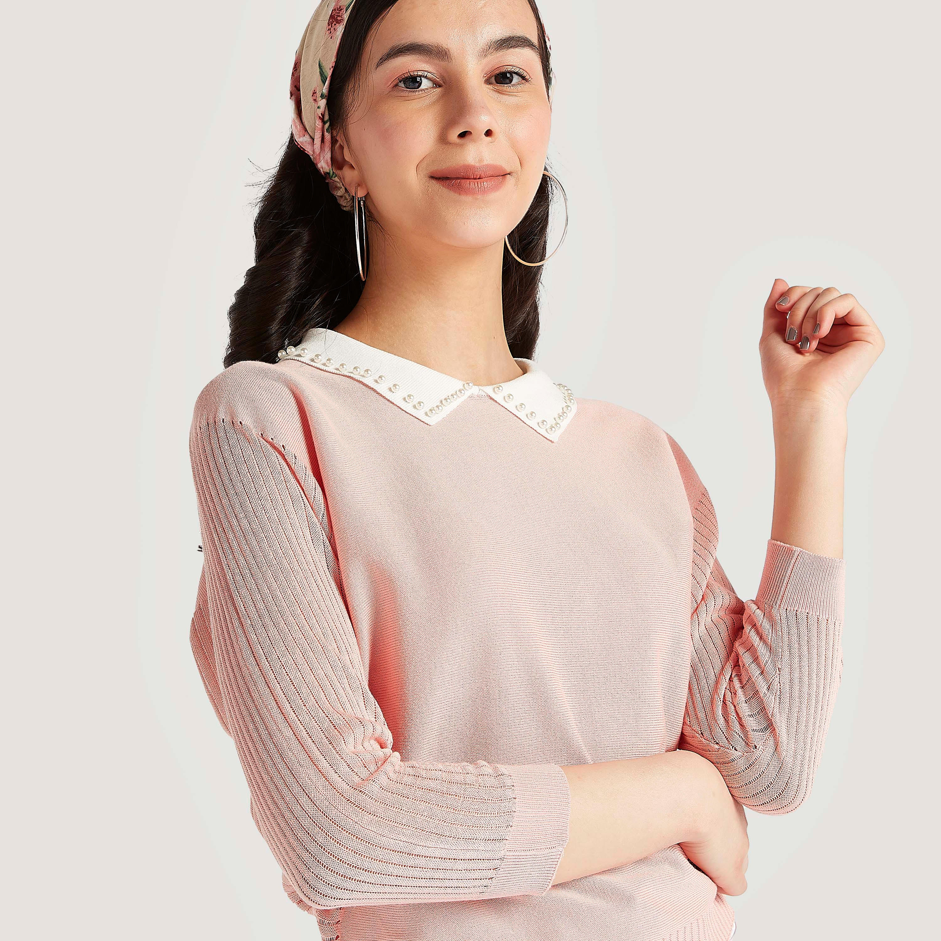 بلوزة بارزة الملمس بياقة عادية مزيّنة وأكمام 3/4 من تو إكستريمز-women-clothing-shirtsandblouses-blouses-image-3