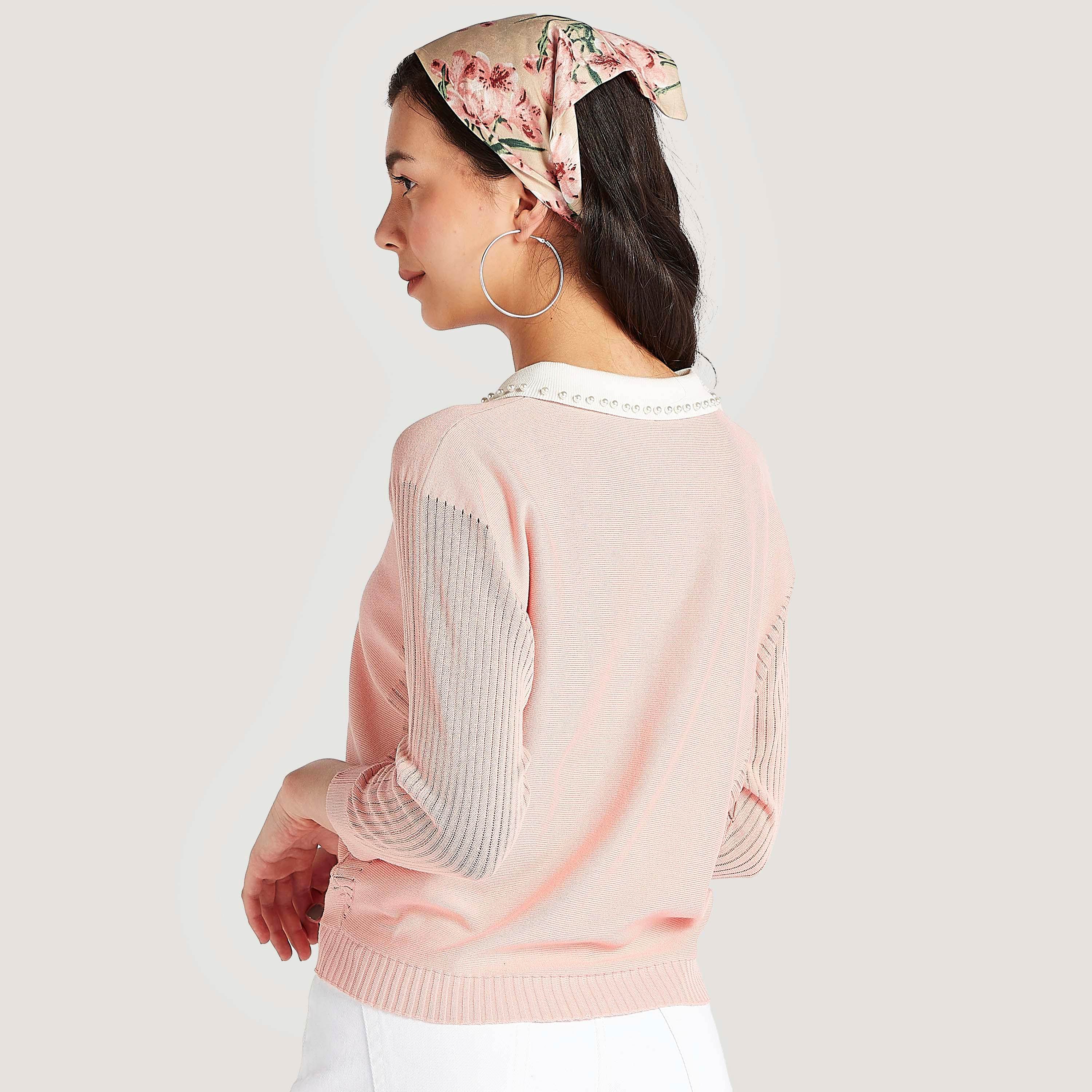 بلوزة بارزة الملمس بياقة عادية مزيّنة وأكمام 3/4 من تو إكستريمز-women-clothing-shirtsandblouses-blouses-image-4