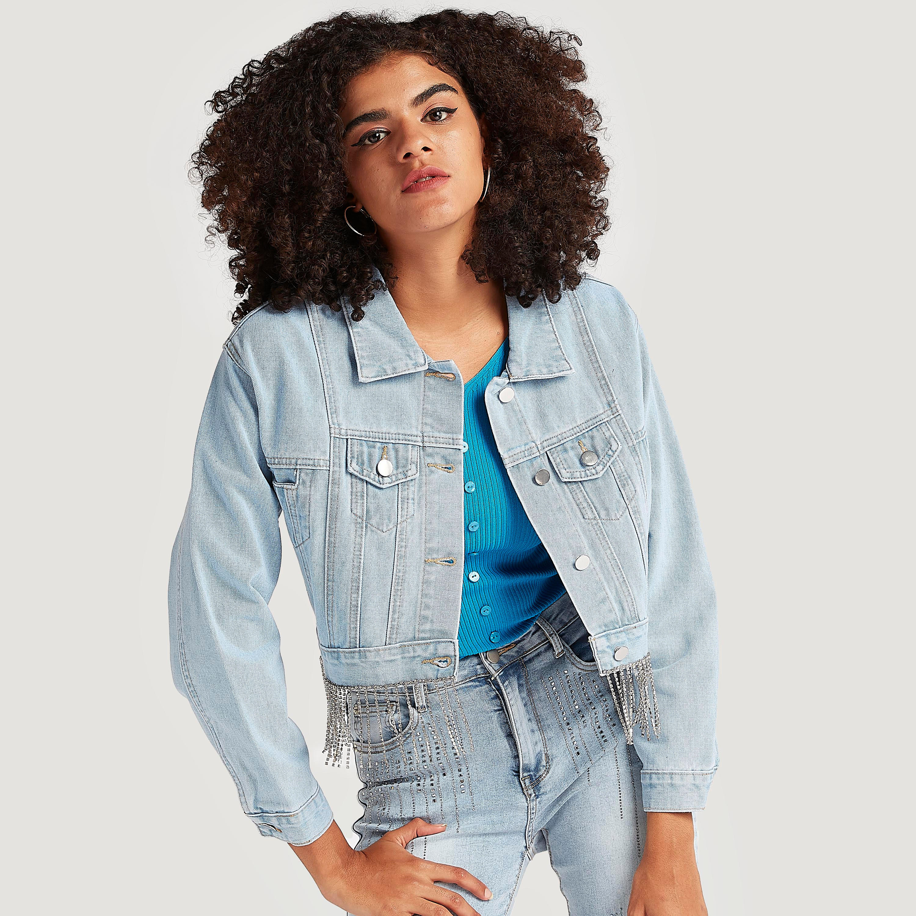 جاكيت دنيم مزيّنة بزر علوي وأكمام طويلة من تو إكستريمز-women-winterwear-coatsandjackets-jackets-image-1