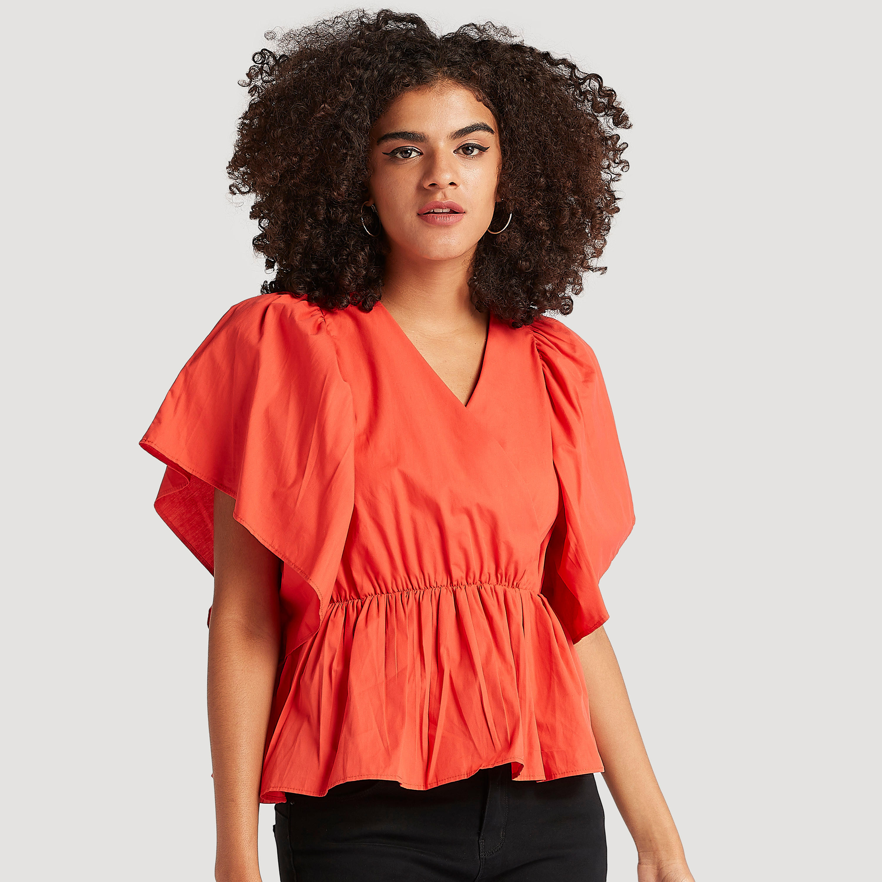 2Xtremz Solid V-neck Peplum Top with Tie-Ups-women-clothing-shirtsandblouses-blouses-image-1