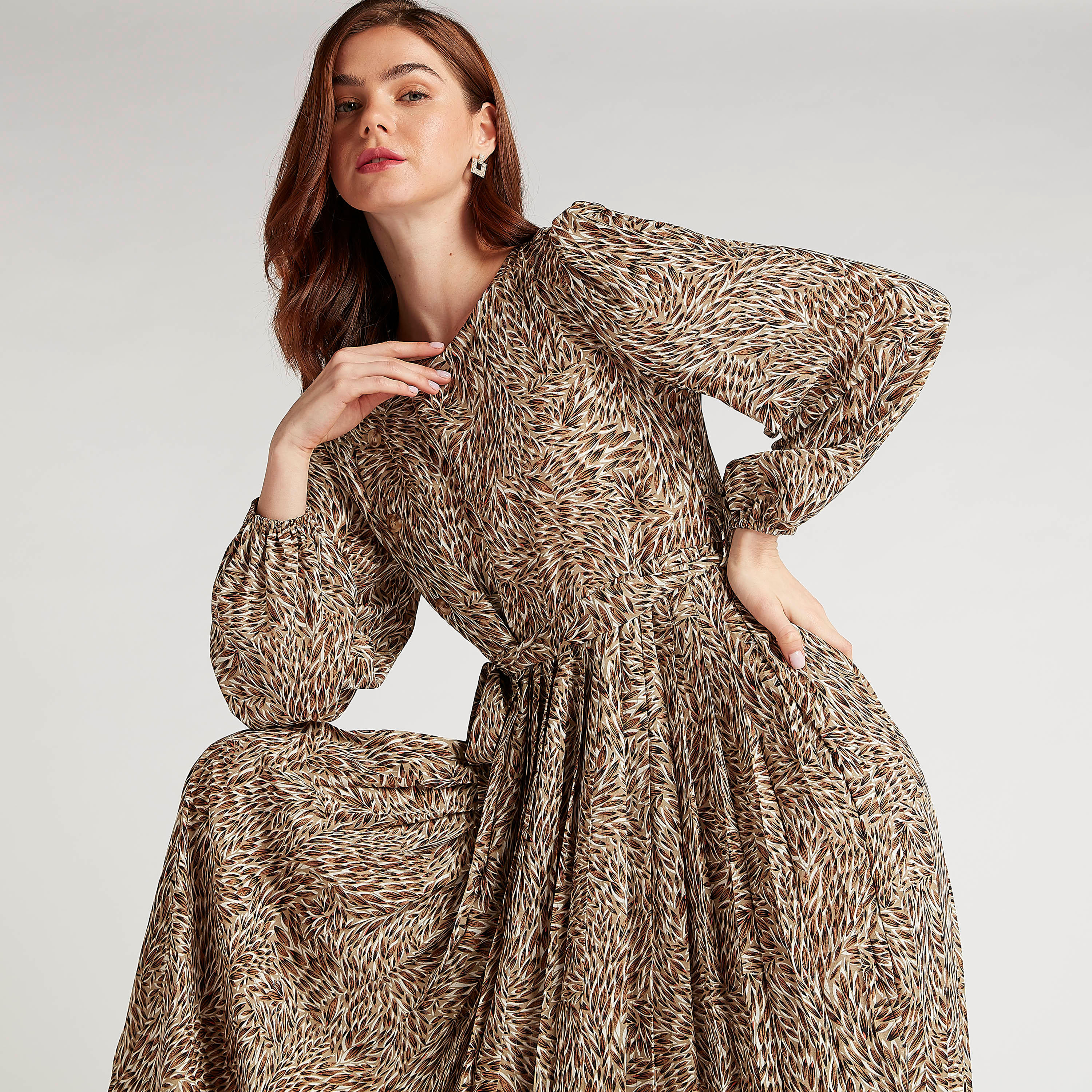 فستان إيه لاين ميدي بطبعات وأكمام منفوشة وحزام رباط من تو إكستريمز-women-clothing-dresses-image-6