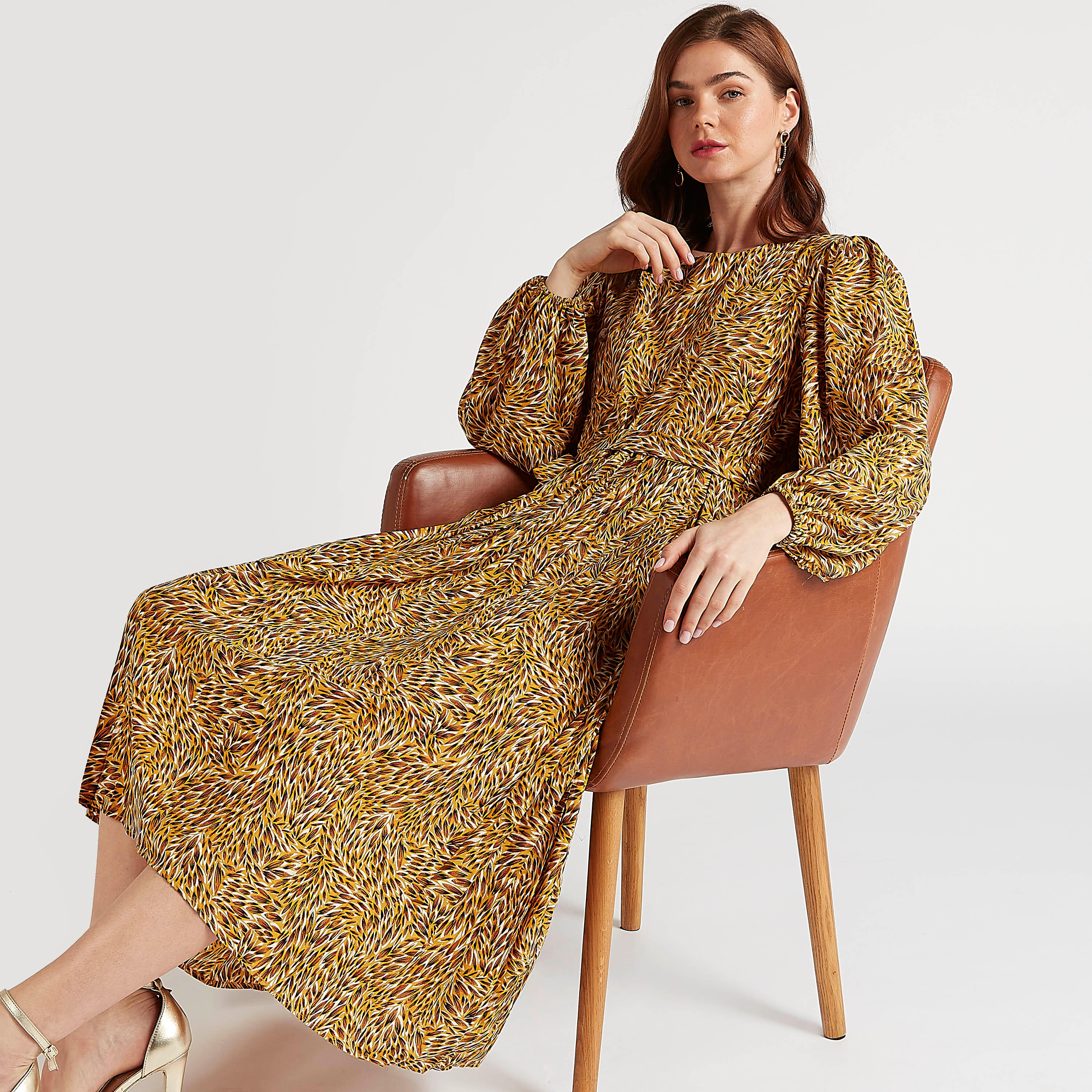 فستان ميدي إيه لاين بطبعات ويياقة مستديرة وأكمام طويلة منفوخة من تو إكستريمز-women-clothing-dresses-image-1