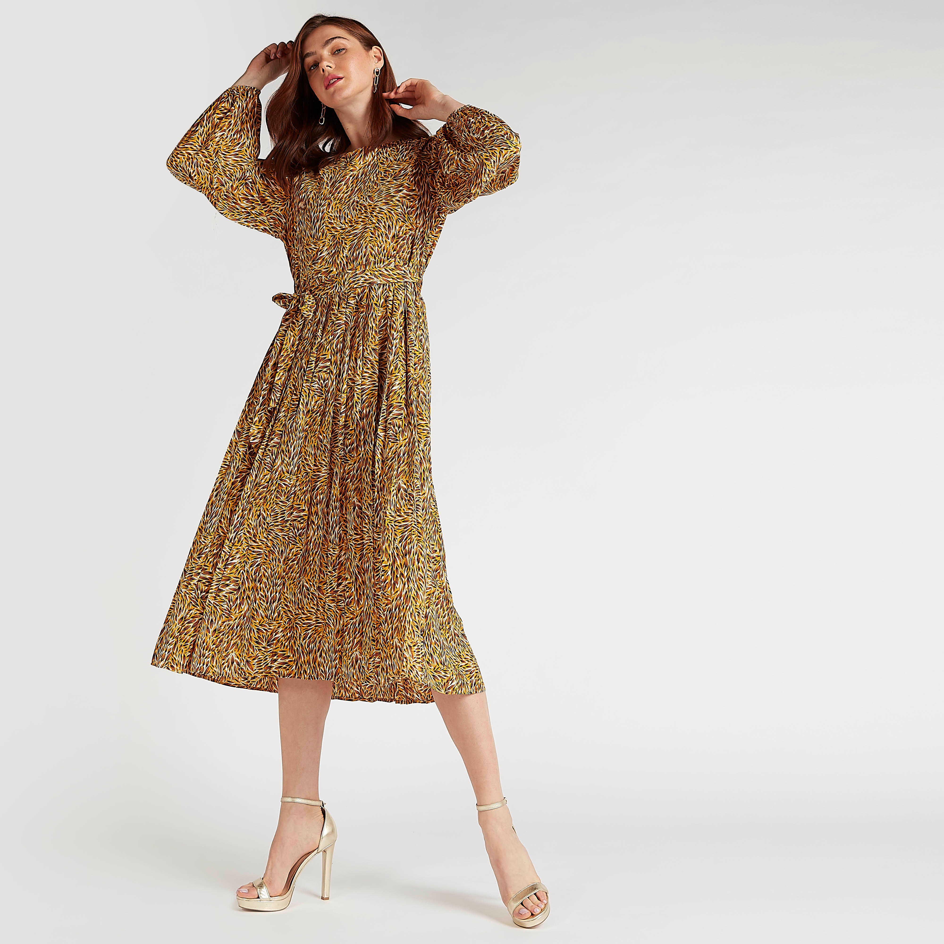 فستان ميدي إيه لاين بطبعات ويياقة مستديرة وأكمام طويلة منفوخة من تو إكستريمز-women-clothing-dresses-image-2