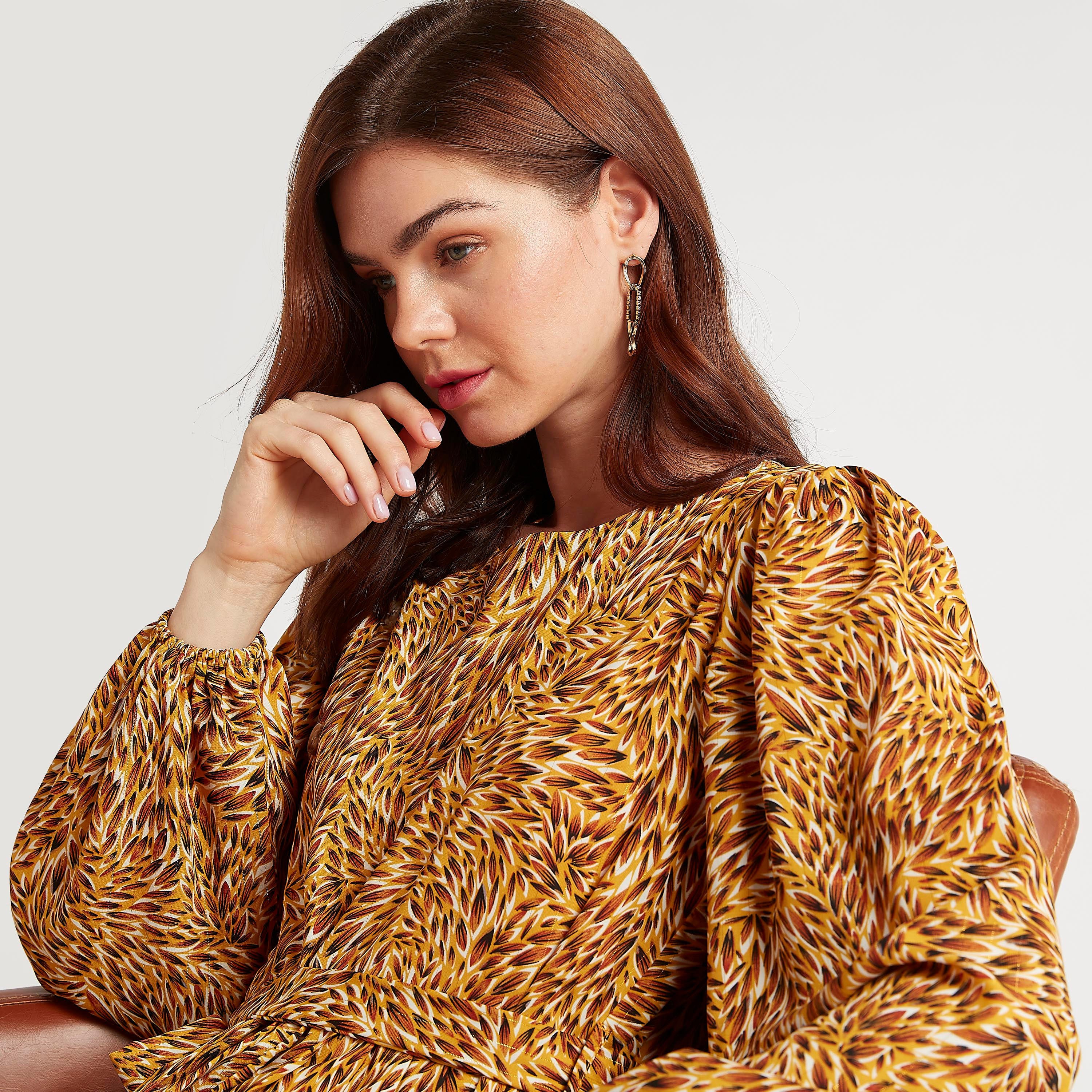 فستان ميدي إيه لاين بطبعات ويياقة مستديرة وأكمام طويلة منفوخة من تو إكستريمز-women-clothing-dresses-image-3
