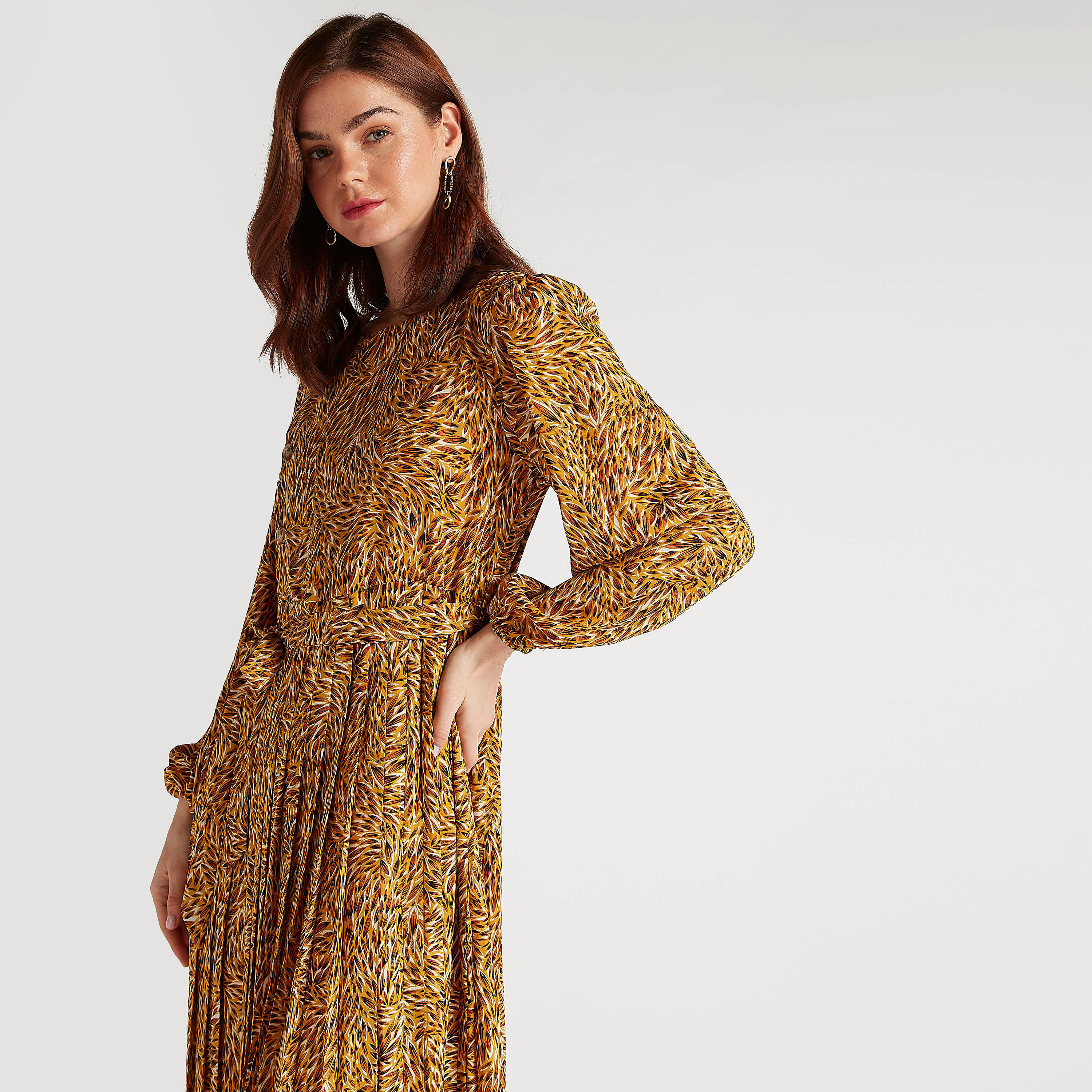 فستان ميدي إيه لاين بطبعات ويياقة مستديرة وأكمام طويلة منفوخة من تو إكستريمز-women-clothing-dresses-image-6