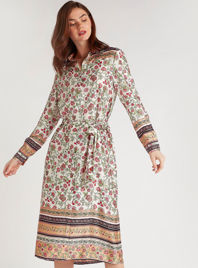 فستان ميدي إيه لاين بأكمام طويلة وطبعات أزهار-women-clothing-dresses-image-1