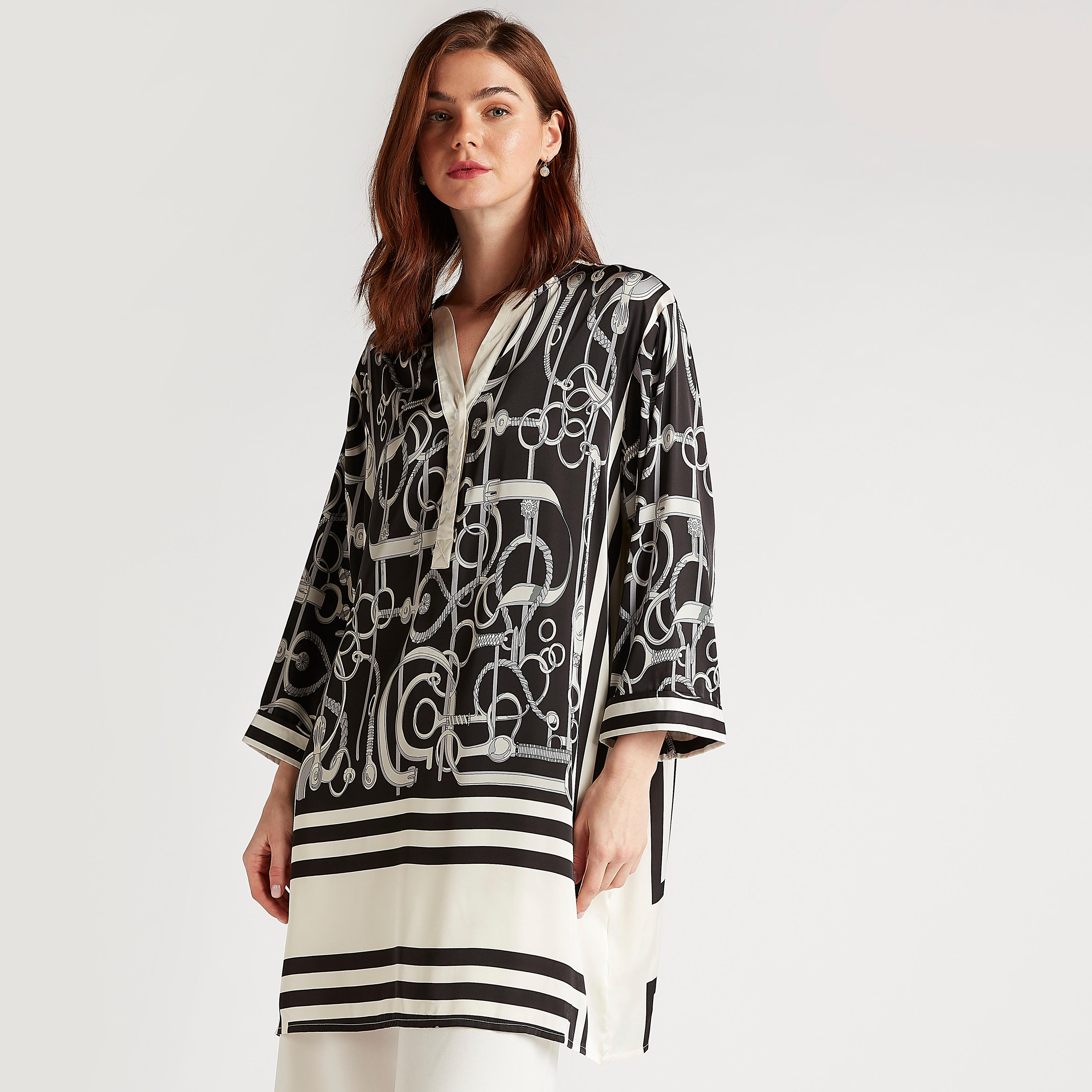 تونيك بطبعات وياقة v وأكمام 3/4 من تو إكستريمز-women-clothing-shirtsandblouses-blouses-image-1