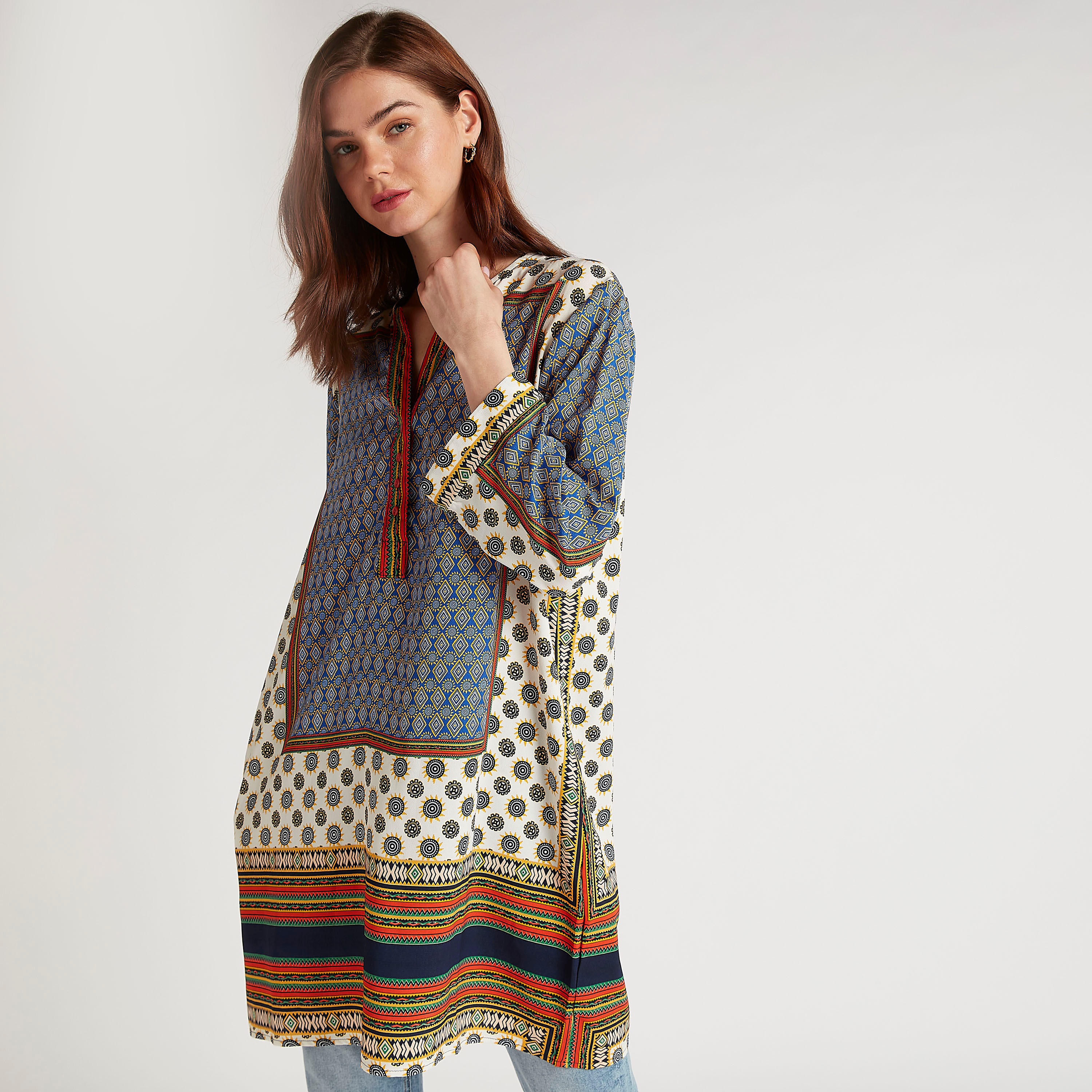 تونيك بطبعات وياقة v وأكمام طويلة من تو إكستريمز-women-clothing-shirtsandblouses-blouses-image-1