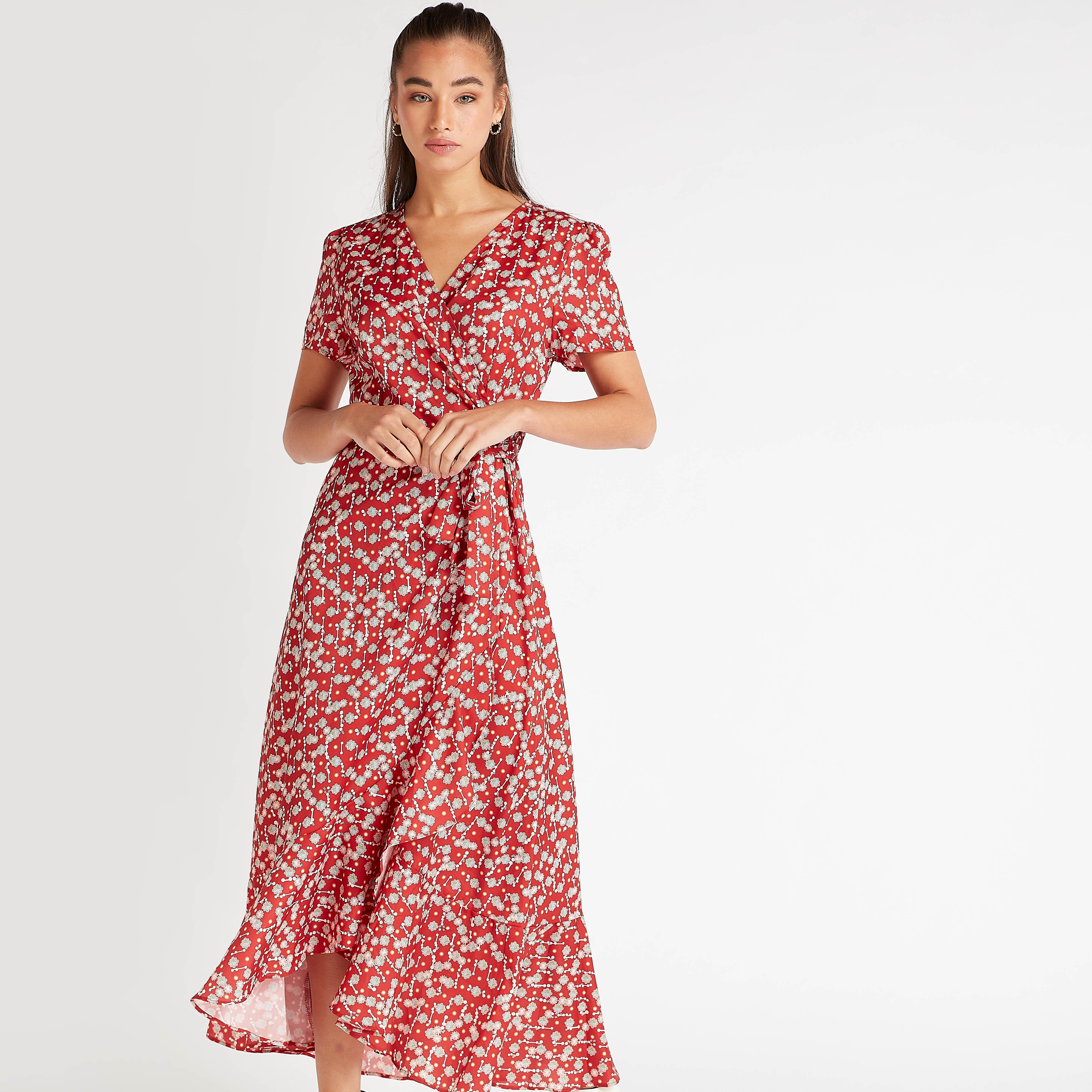 فستان ميدي ملفوف بطبعات وياقة v وأكمام قصيرة من تو إكستريمز-women-clothing-dresses-image-1