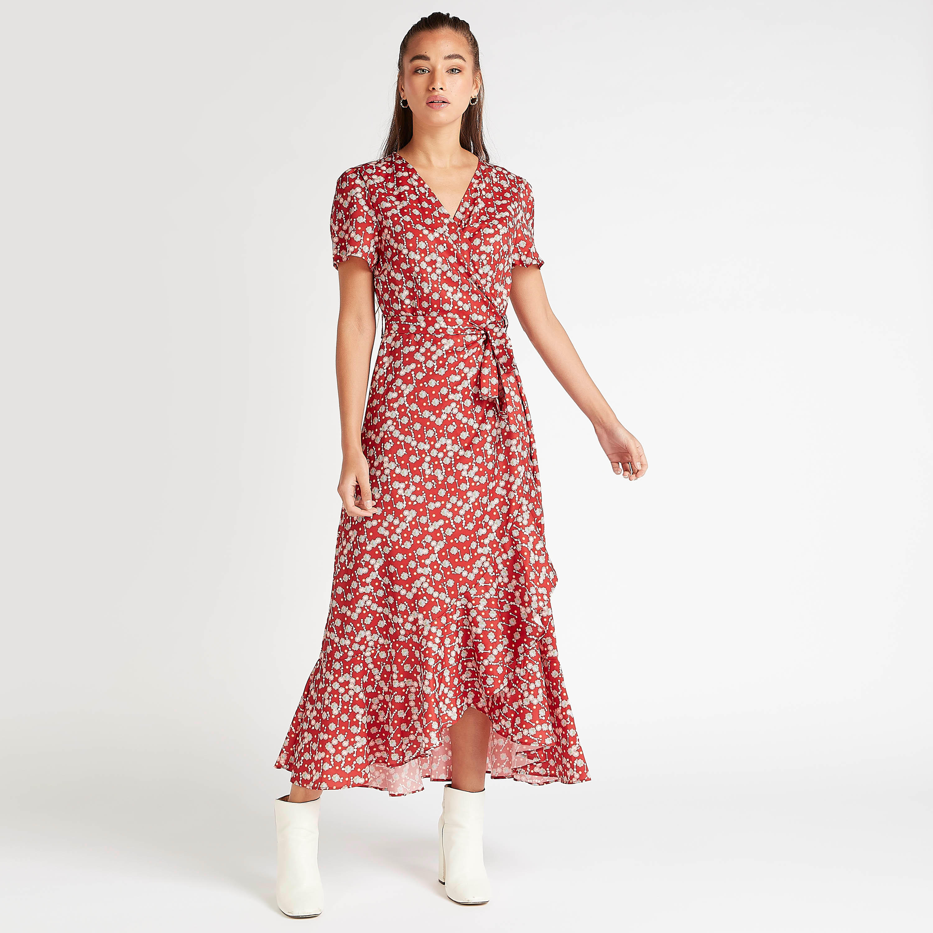 فستان ميدي ملفوف بطبعات وياقة v وأكمام قصيرة من تو إكستريمز-women-clothing-dresses-image-2