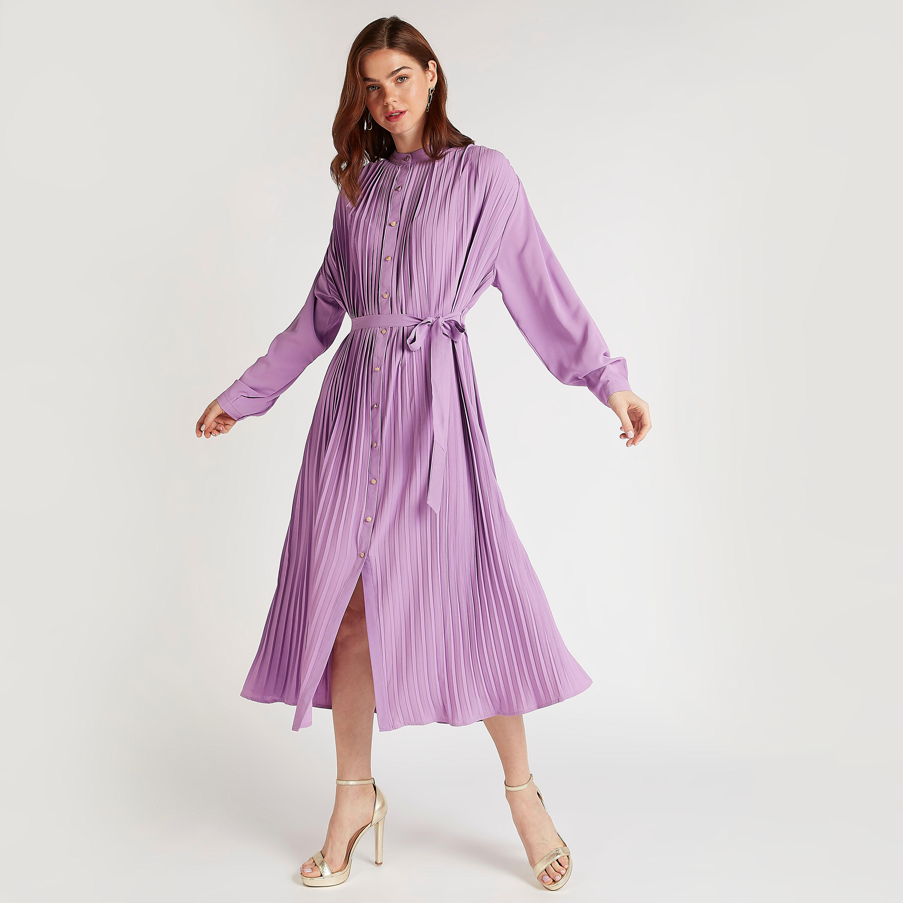 فستان قميص ميدي سادة بكشكشة وأكمام طويلة مع حزام من تو إكستريمز-women-clothing-dresses-image-1
