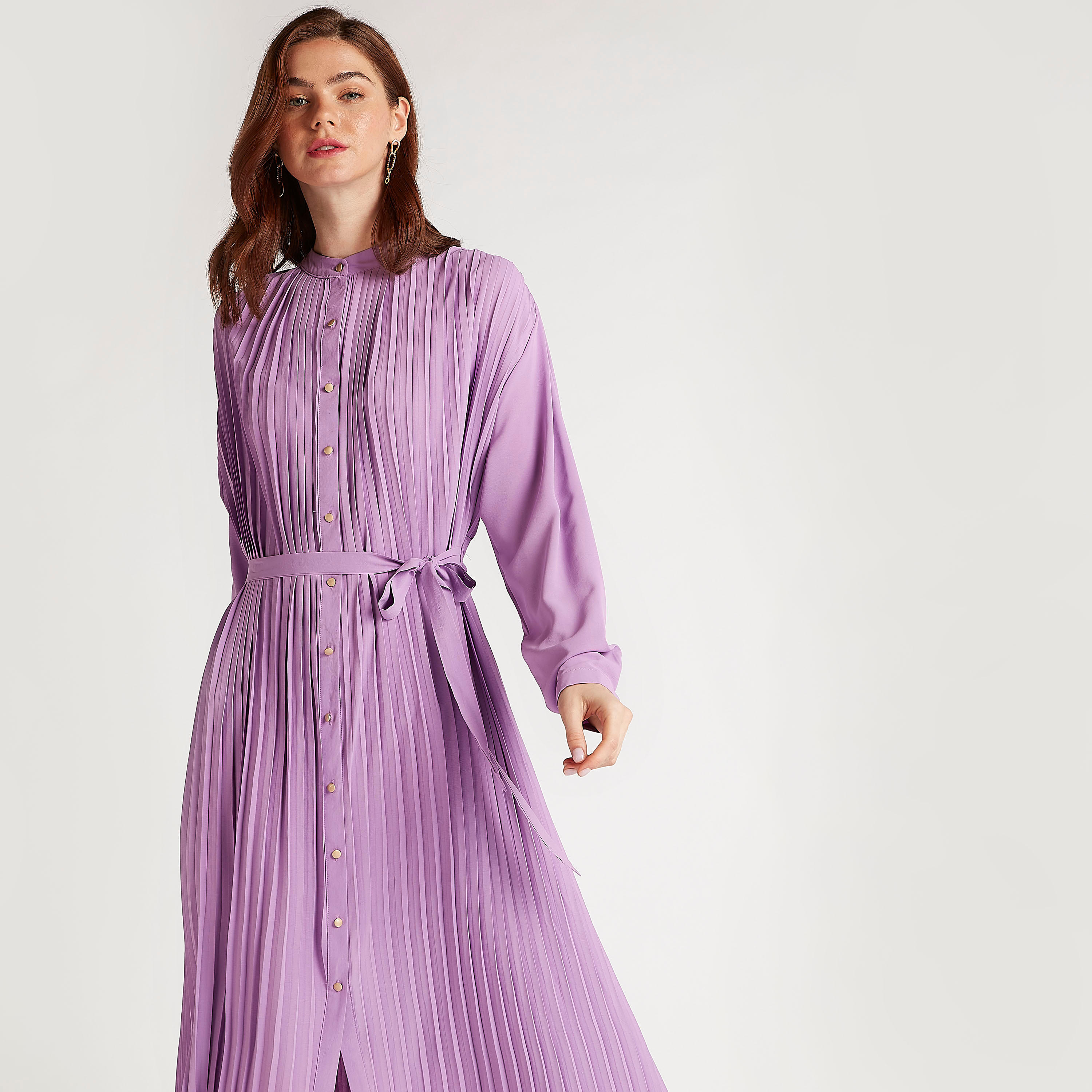 فستان قميص ميدي سادة بكشكشة وأكمام طويلة مع حزام من تو إكستريمز-women-clothing-dresses-image-6