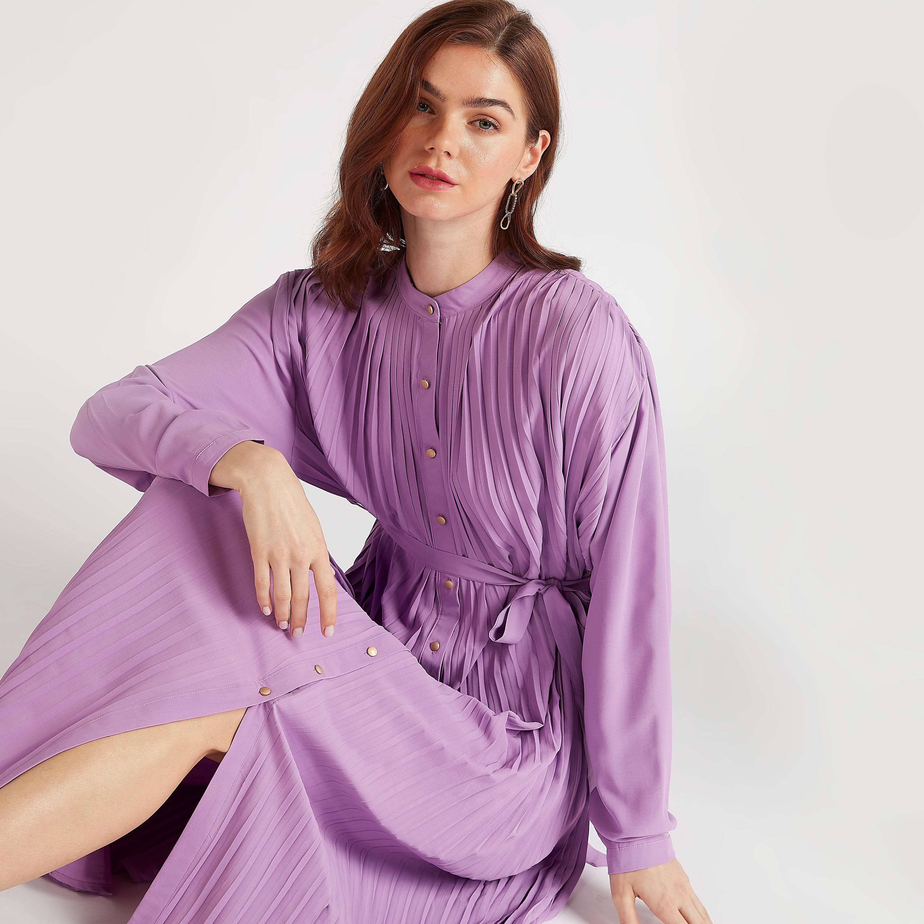 فستان قميص ميدي سادة بكشكشة وأكمام طويلة مع حزام من تو إكستريمز-women-clothing-dresses-image-7