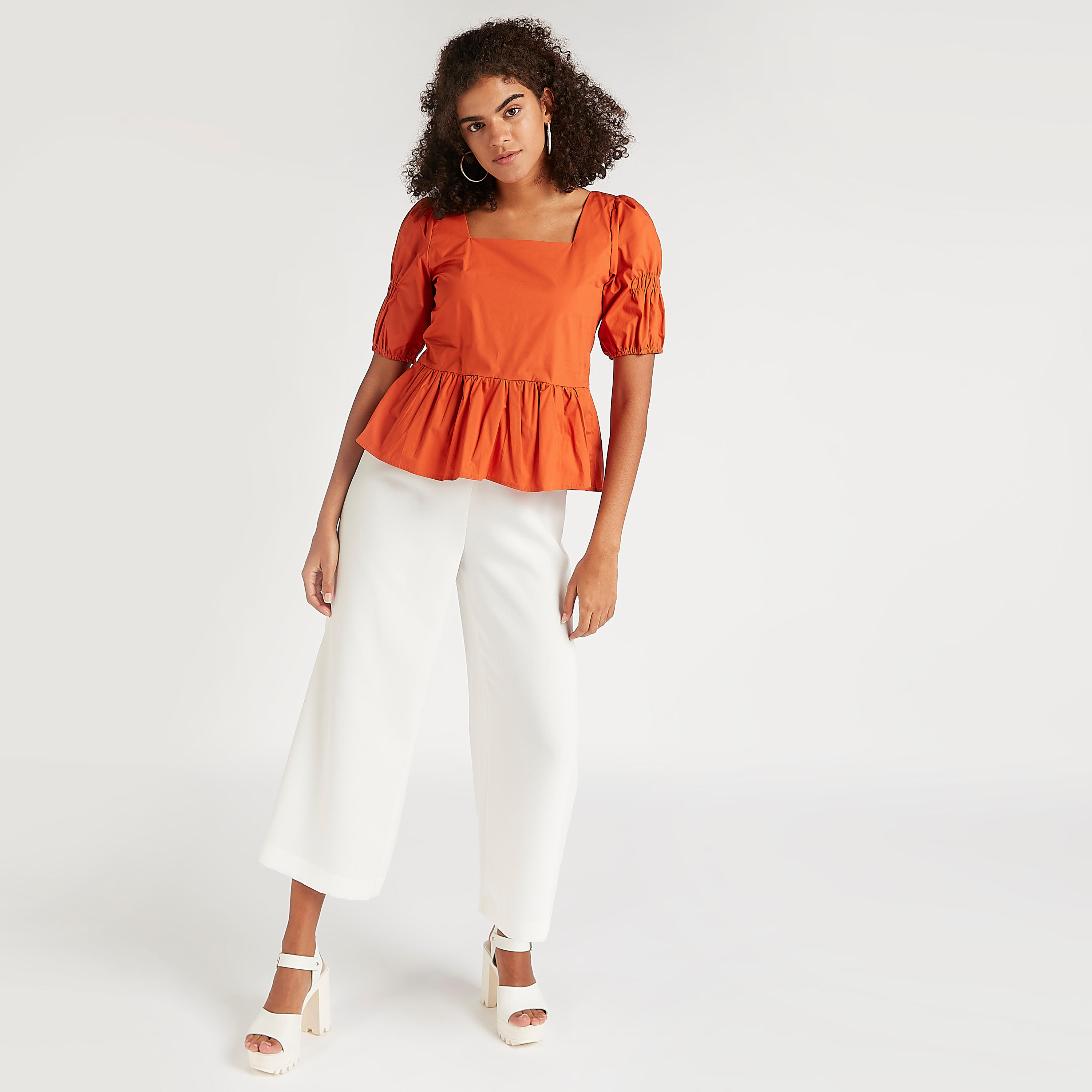 بلوزة سادة بأكمام منفوخة وكشكشة على الخصر من تو إكستريمز-women-clothing-shirtsandblouses-blouses-image-7