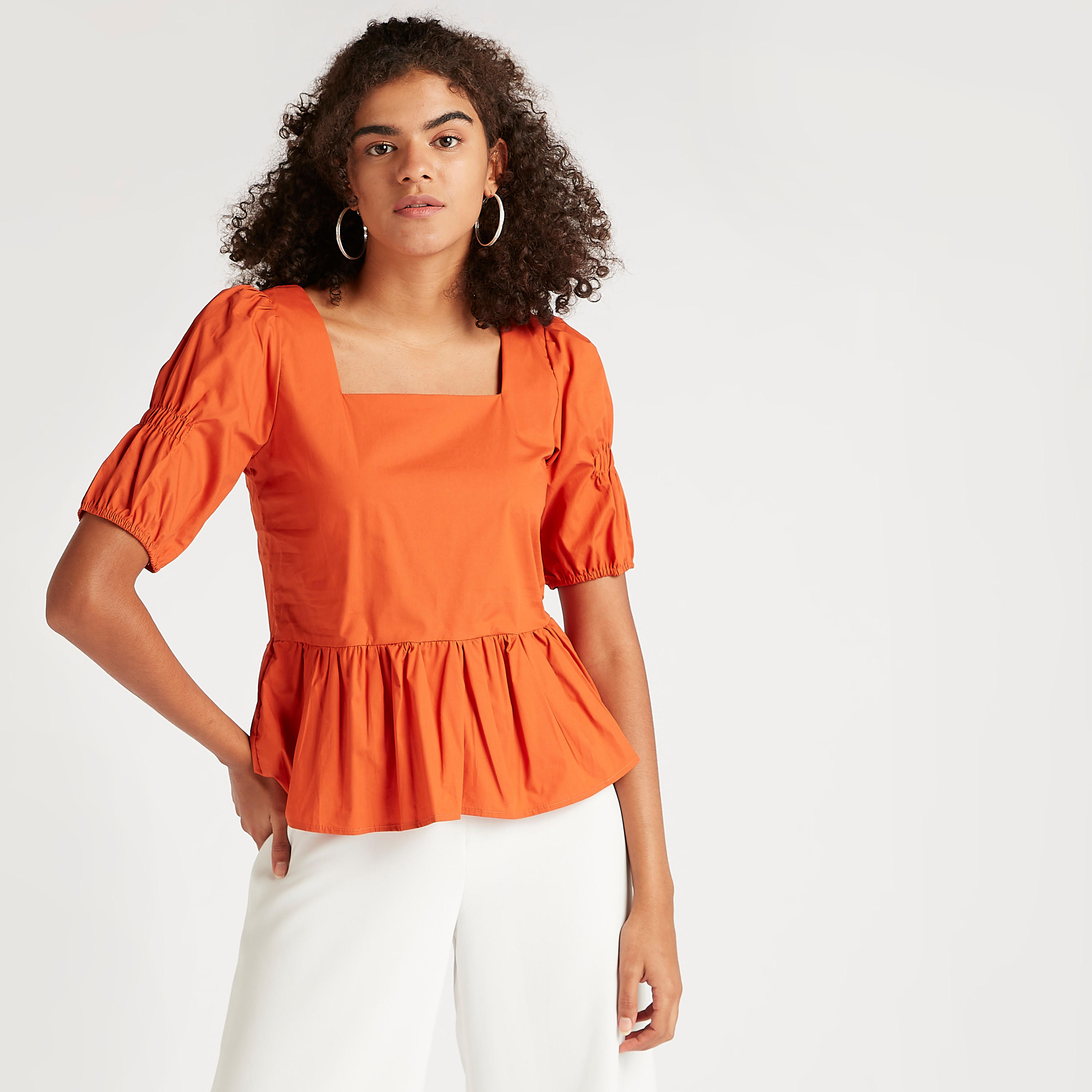بلوزة سادة بأكمام منفوخة وكشكشة على الخصر من تو إكستريمز-women-clothing-shirtsandblouses-blouses-image-3