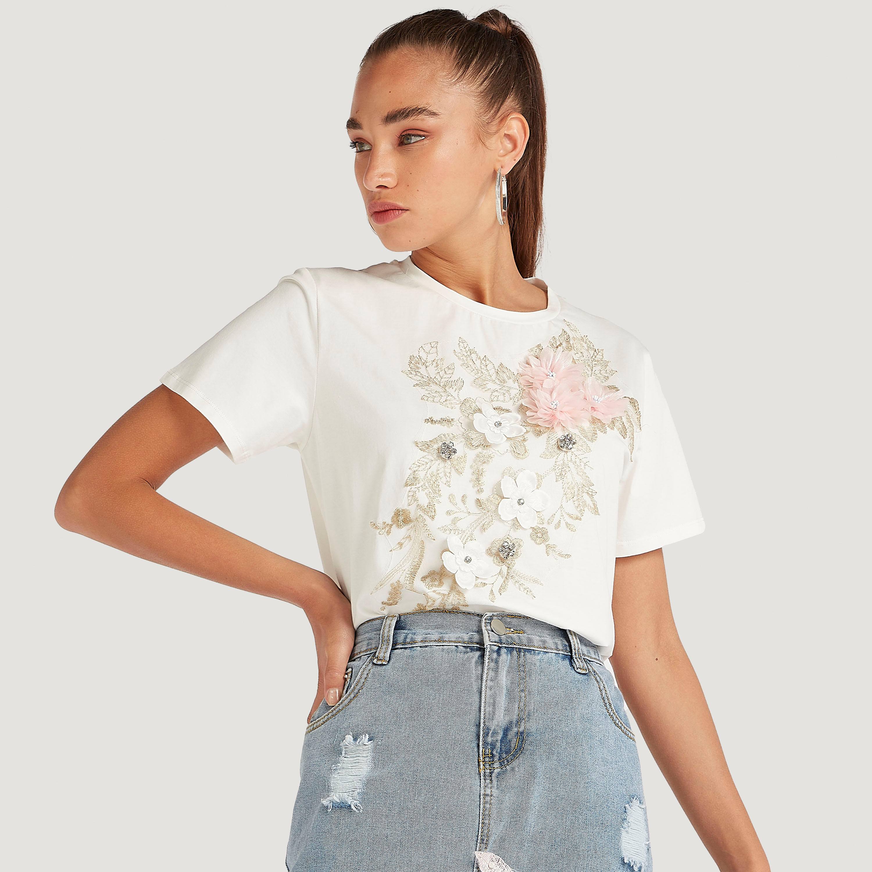 2Xtremz Floral Applique T-shirt with Short Sleeves-women-clothing-tshirts-image-1