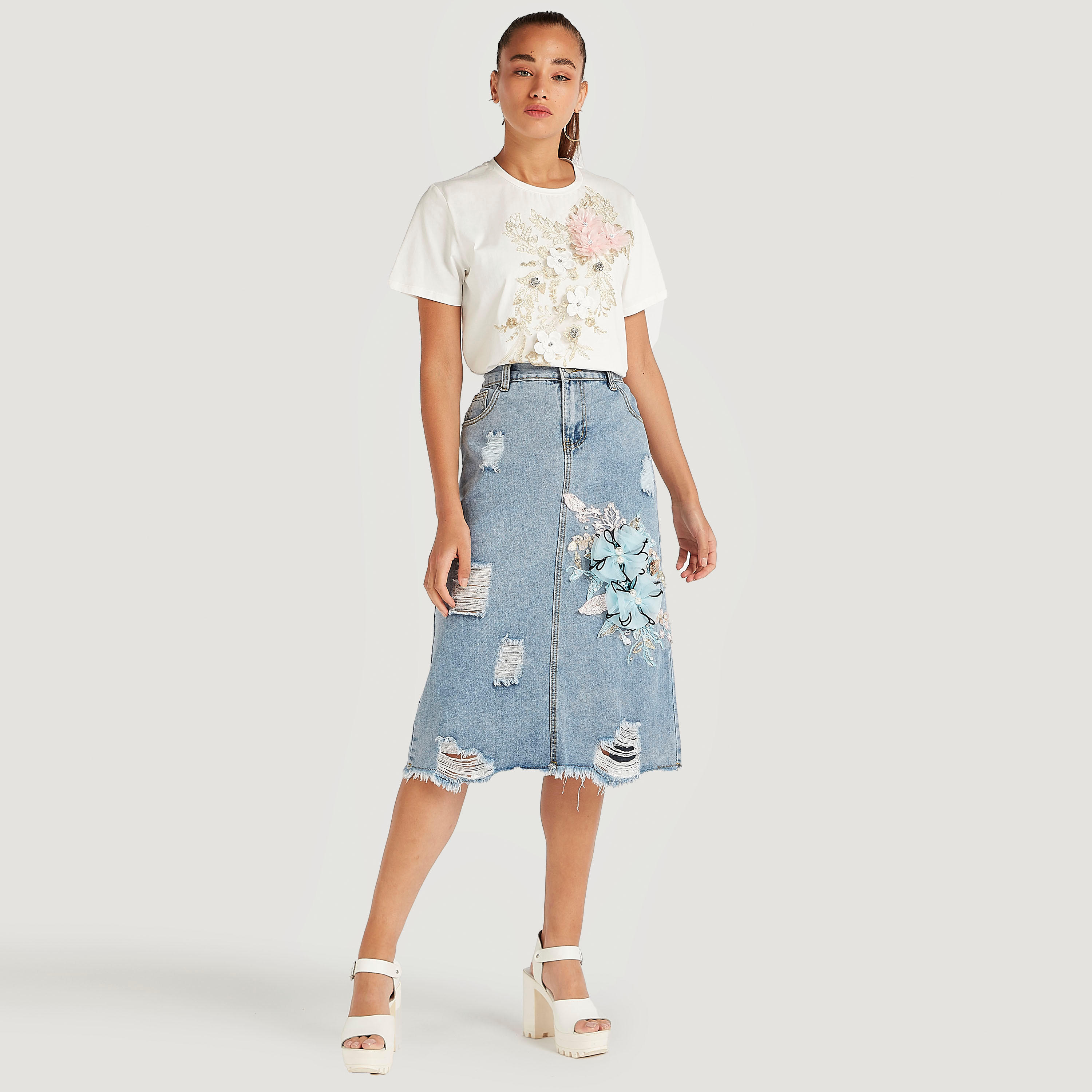2Xtremz Floral Applique T-shirt with Short Sleeves-women-clothing-tshirts-image-2