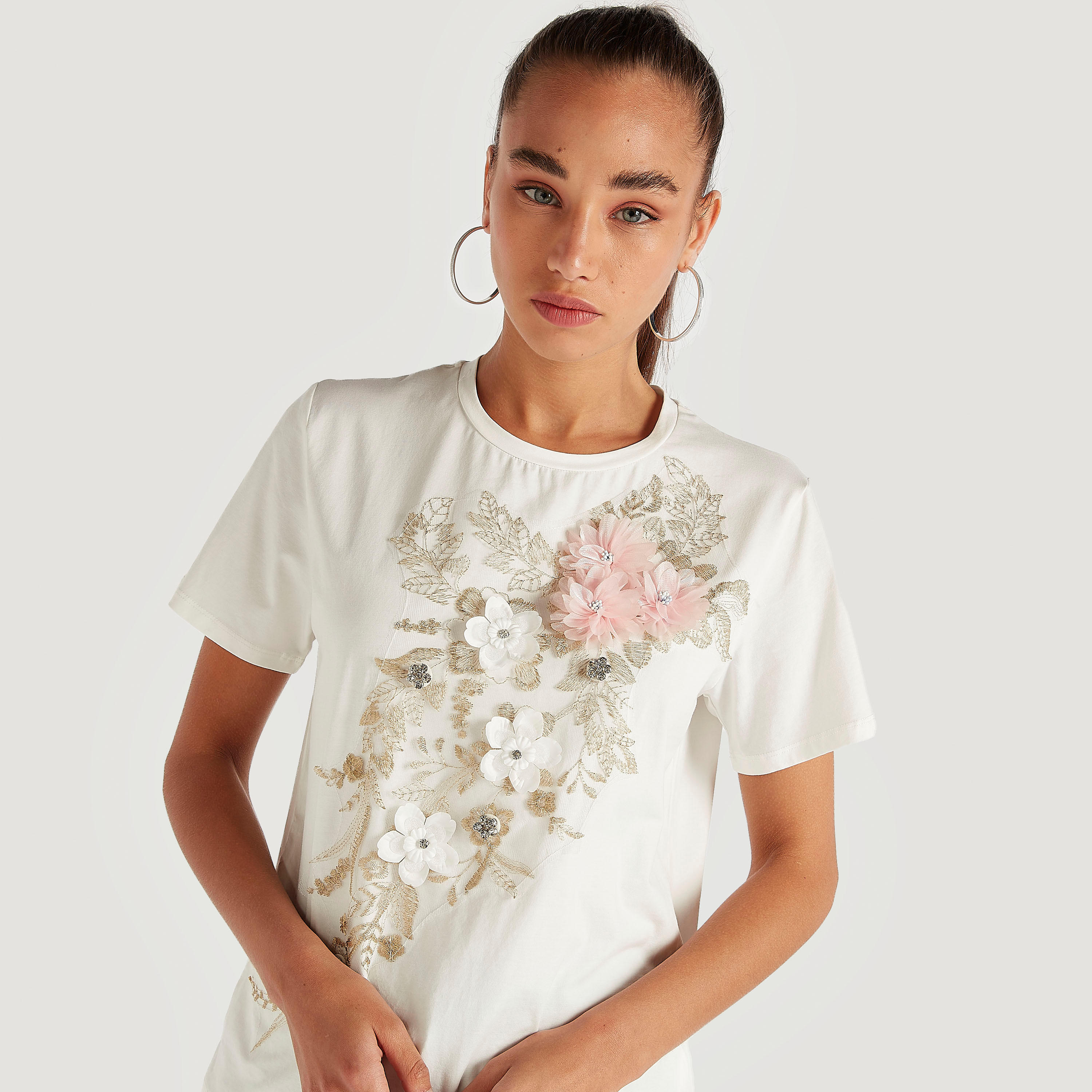 2Xtremz Floral Applique T-shirt with Short Sleeves-women-clothing-tshirts-image-5
