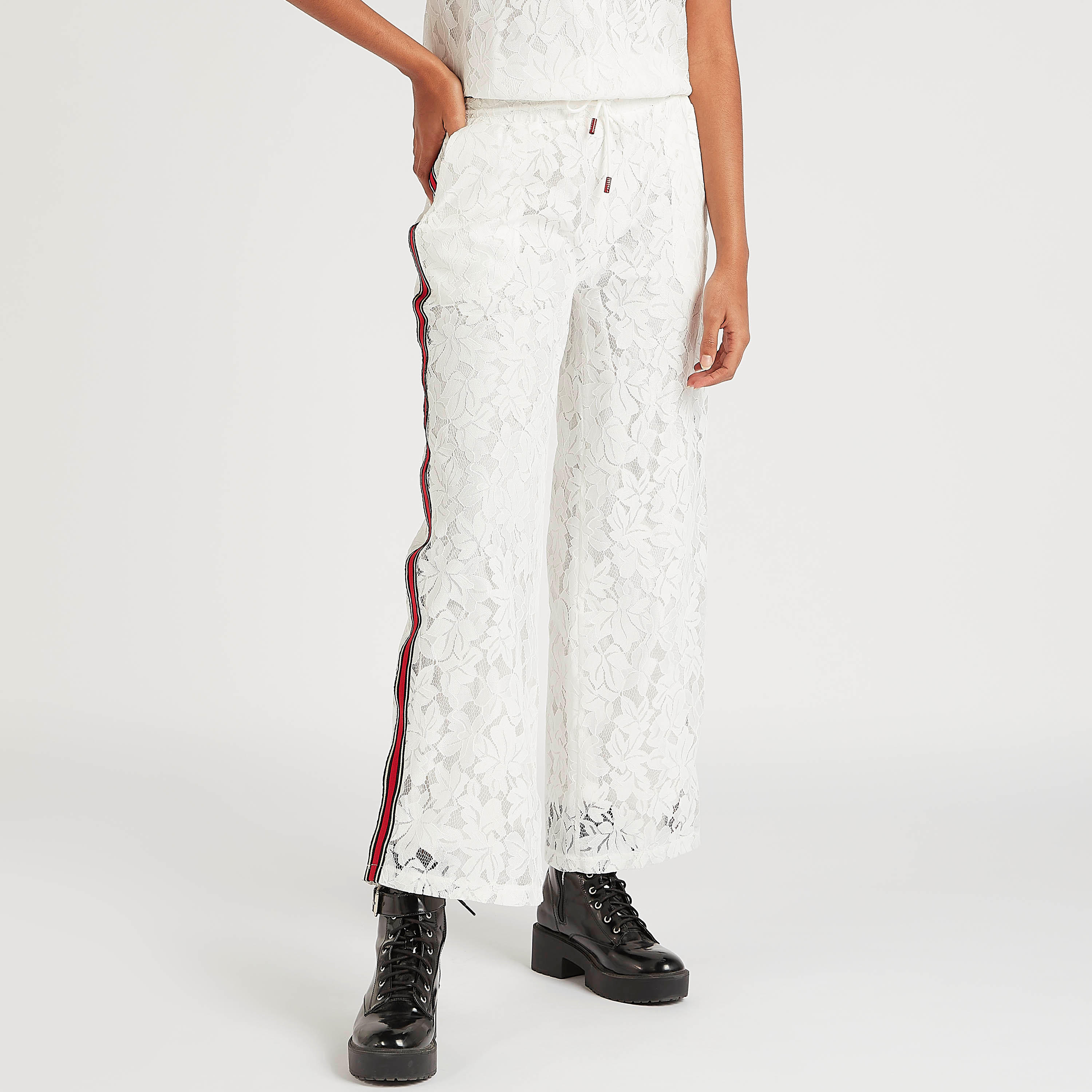 2Xtremz Straight Fit High Rise Lace Trousers with Drawstring Waistband-women-clothing-bottoms-trousers-image-1