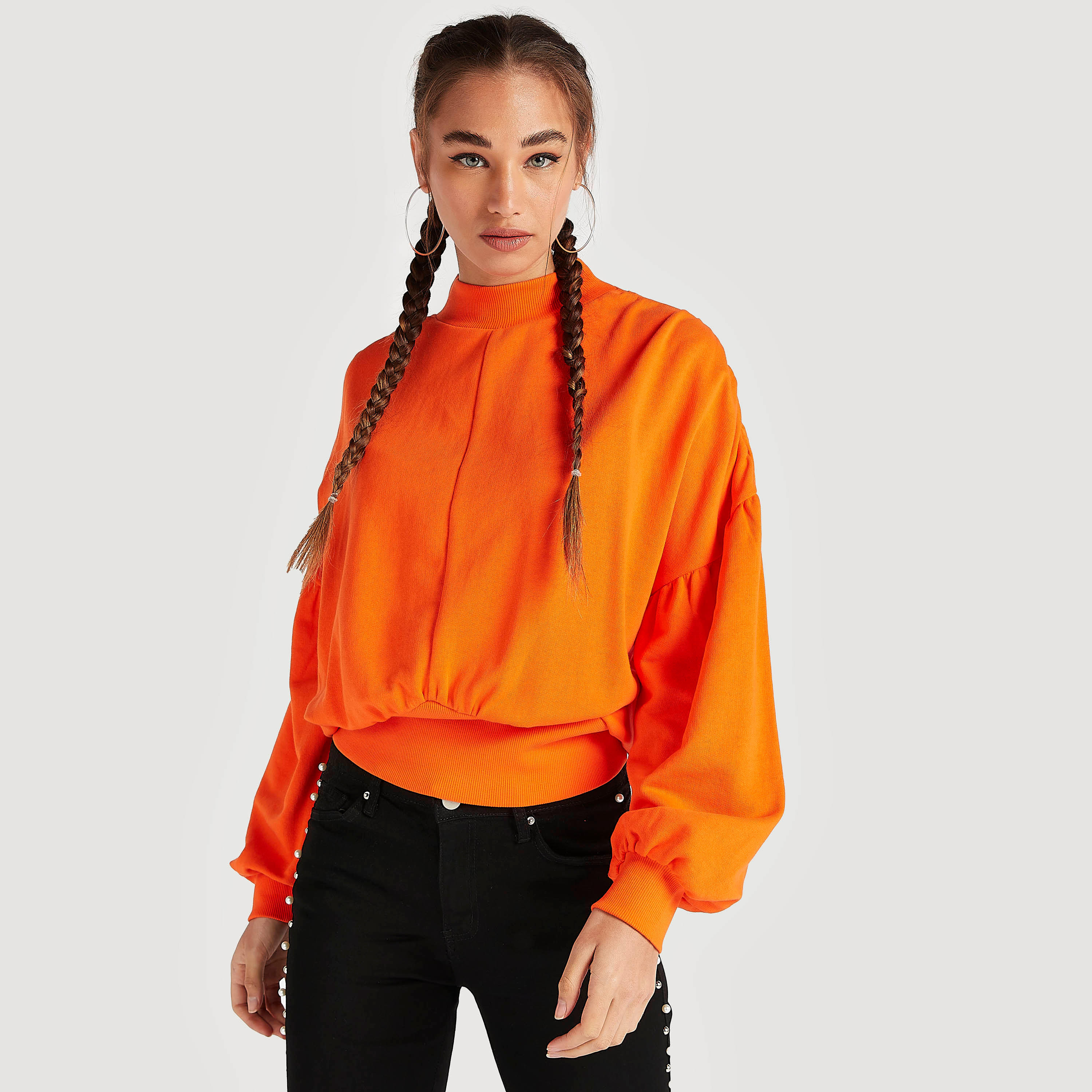سويت شيرت سادة بأكمام بيشوب وياقة عالية من تو إكستريمز-women-winterwear-hoodiesandsweatshirts-sweatshirts-image-6