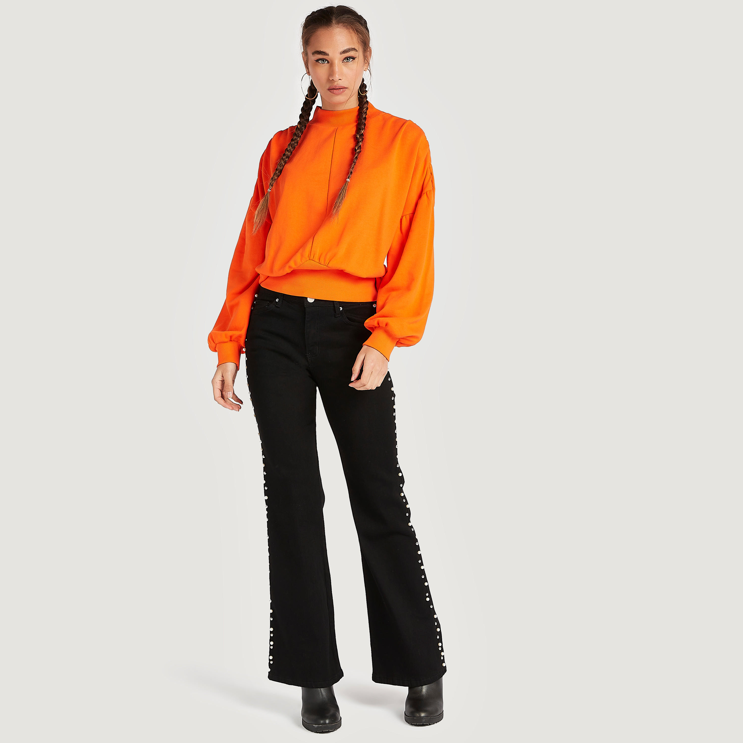 سويت شيرت سادة بأكمام بيشوب وياقة عالية من تو إكستريمز-women-winterwear-hoodiesandsweatshirts-sweatshirts-image-2