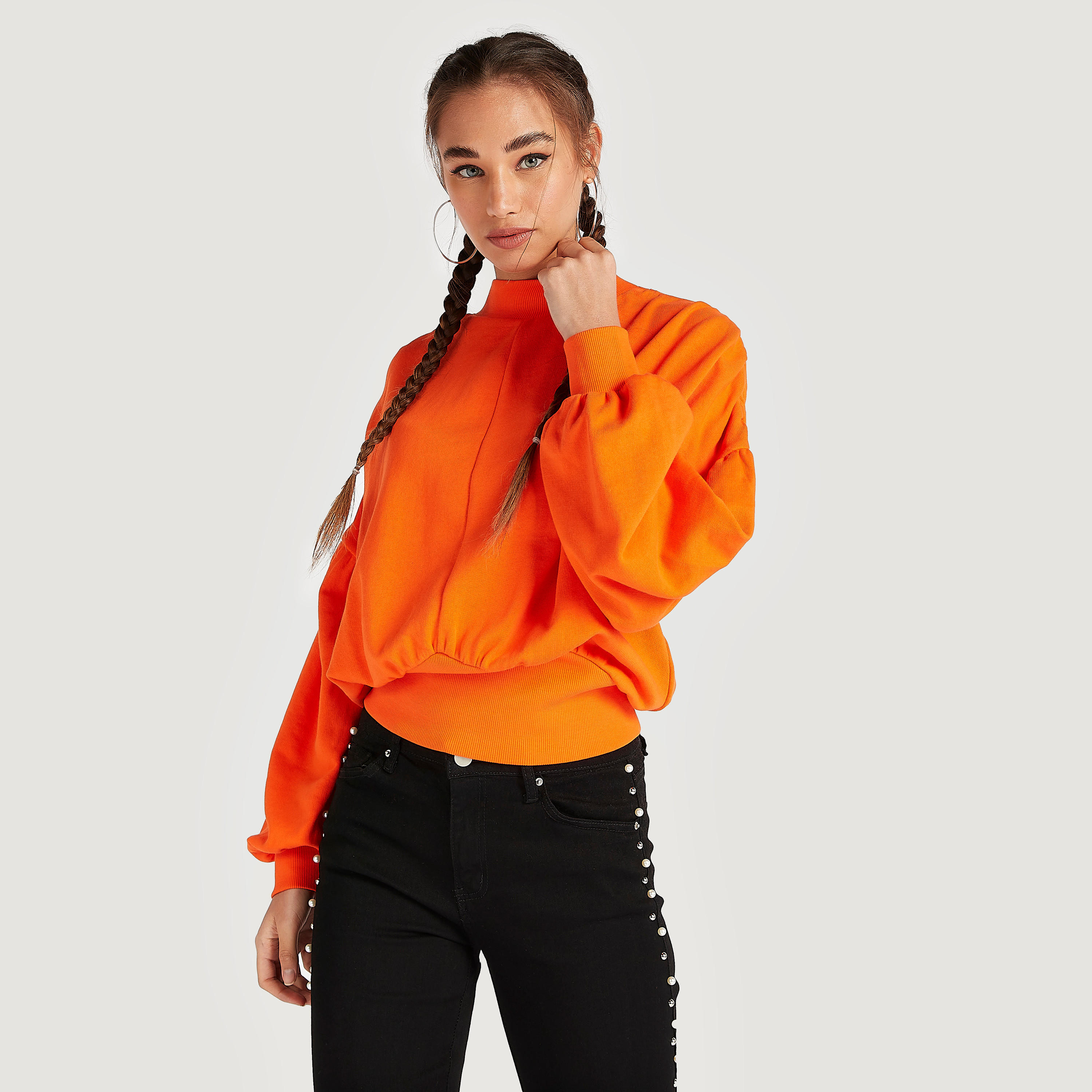 سويت شيرت سادة بأكمام بيشوب وياقة عالية من تو إكستريمز-women-winterwear-hoodiesandsweatshirts-sweatshirts-image-1