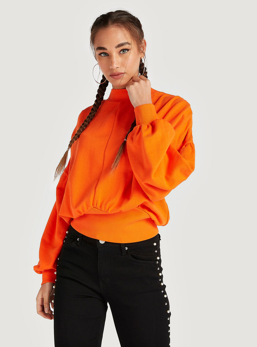 سويت شيرت سادة بأكمام بيشوب وياقة عالية من تو إكستريمز-women-winterwear-hoodiesandsweatshirts-sweatshirts-image-1