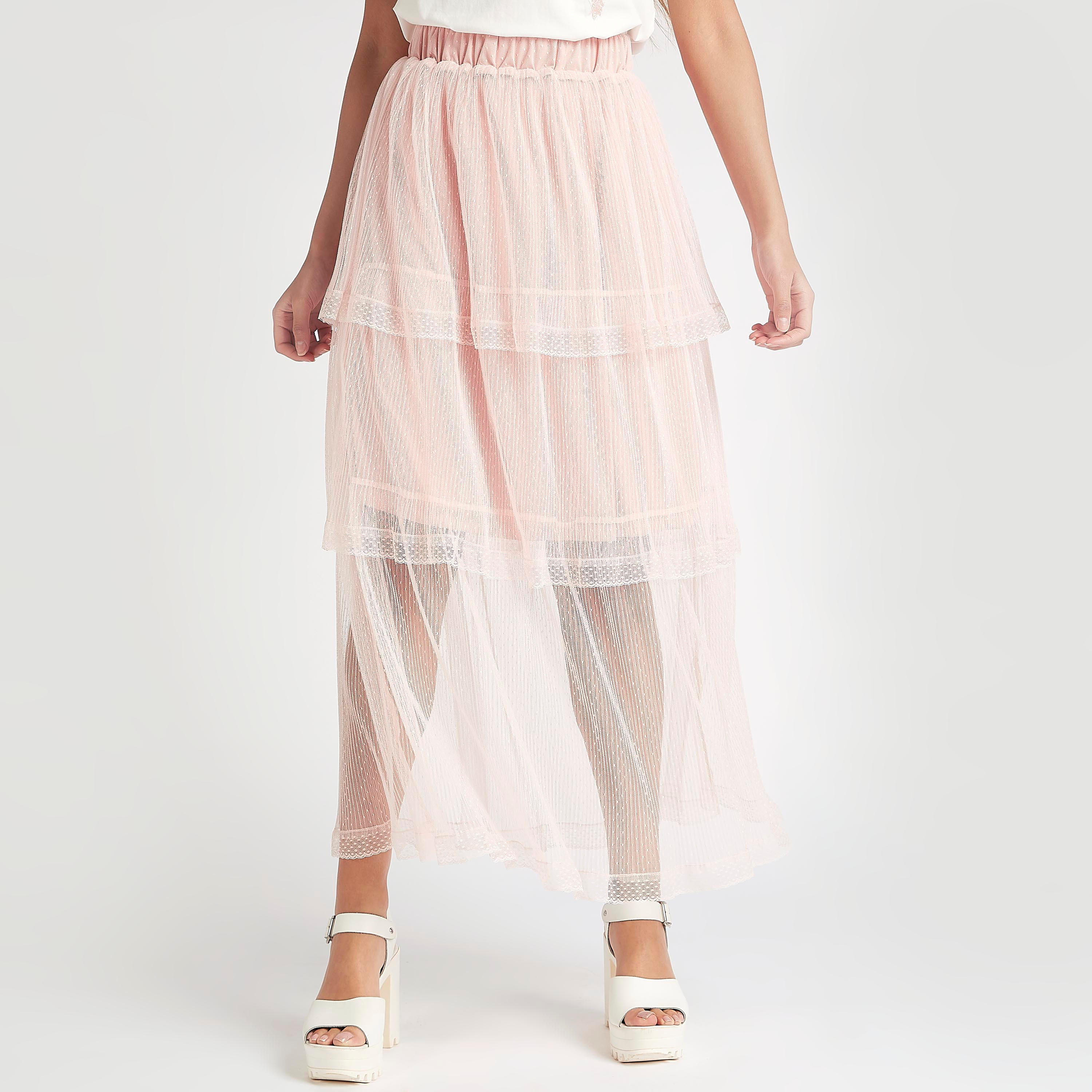 تنّورة إيه لاين طويلة دانتيل بخصر مطّاطي من تو إكستريمز-women-clothing-bottoms-skirts-image-1