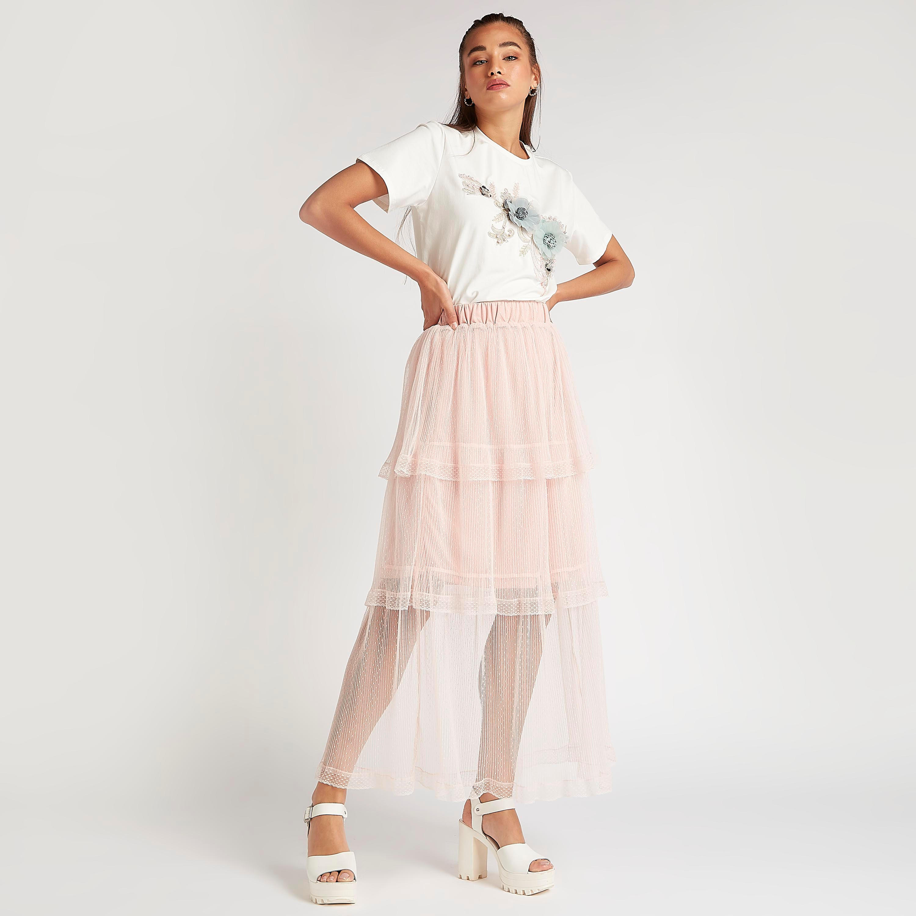 تنّورة إيه لاين طويلة دانتيل بخصر مطّاطي من تو إكستريمز-women-clothing-bottoms-skirts-image-2