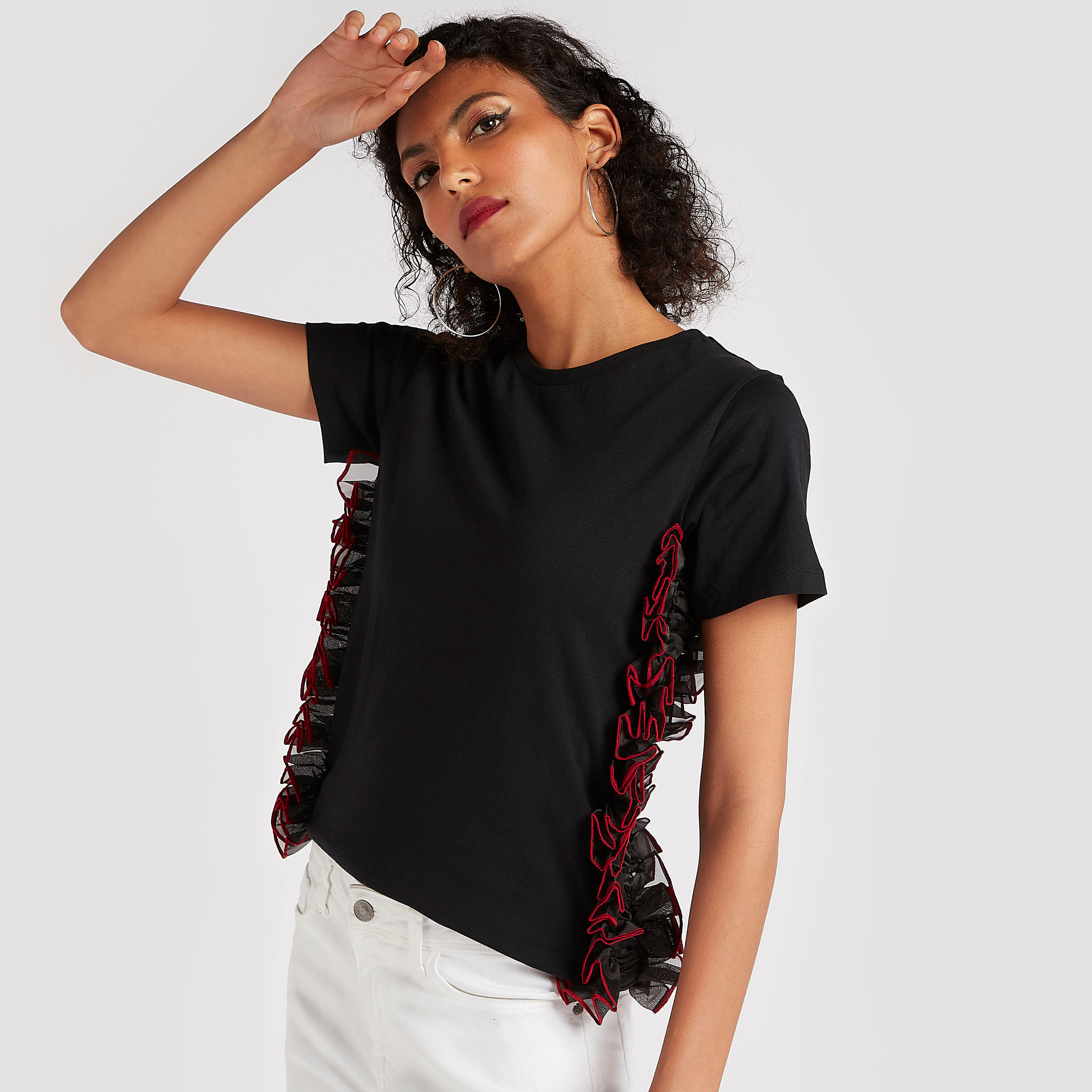 بلوزة سادة بياقة ضيقة وأكمام طويلة وتفاصيل كشكشة من تو إكستريمز-women-clothing-shirtsandblouses-blouses-image-3