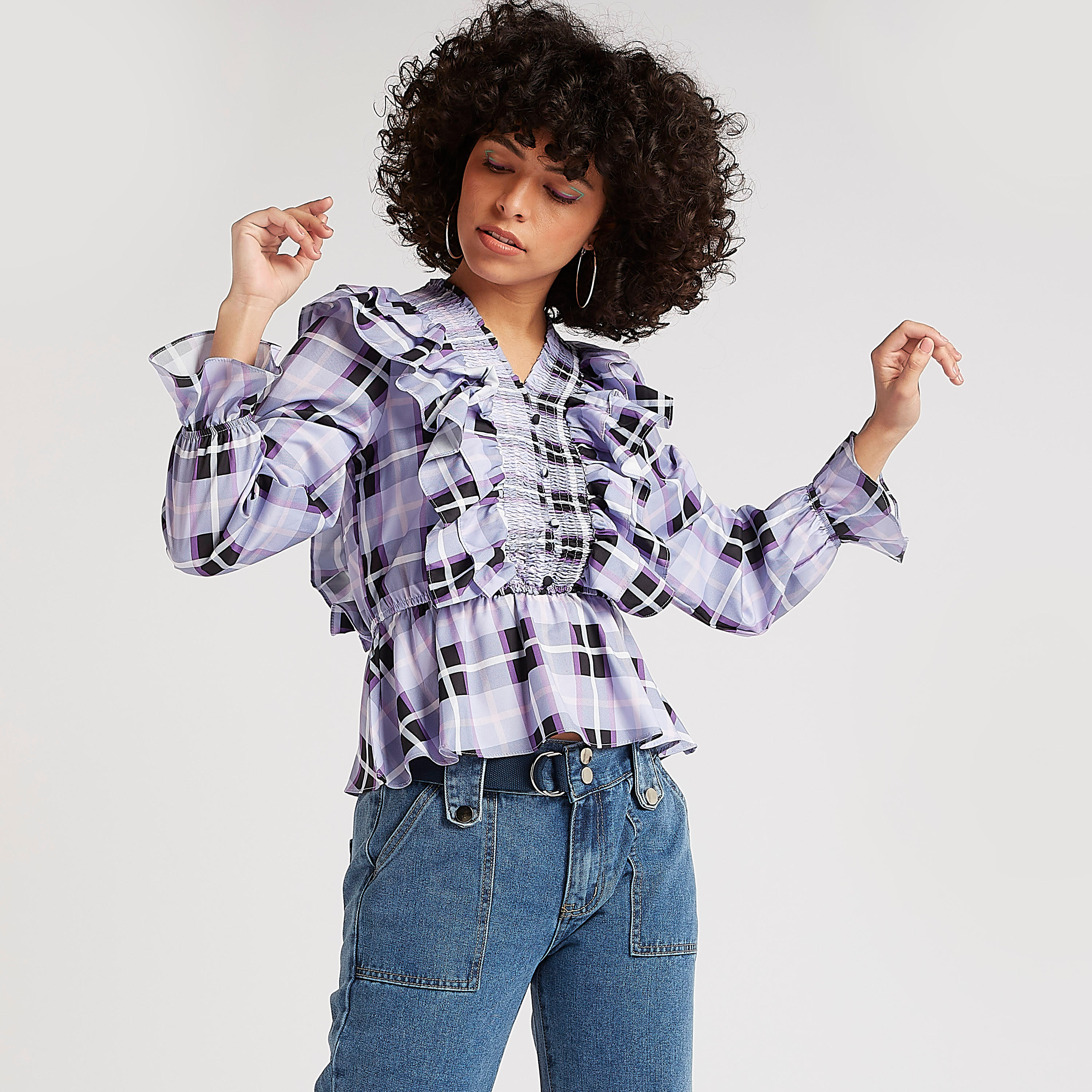 2Xtremz Checked Top with Smocked Panel and Ruffle Detail-women-clothing-shirtsandblouses-blouses-image-1