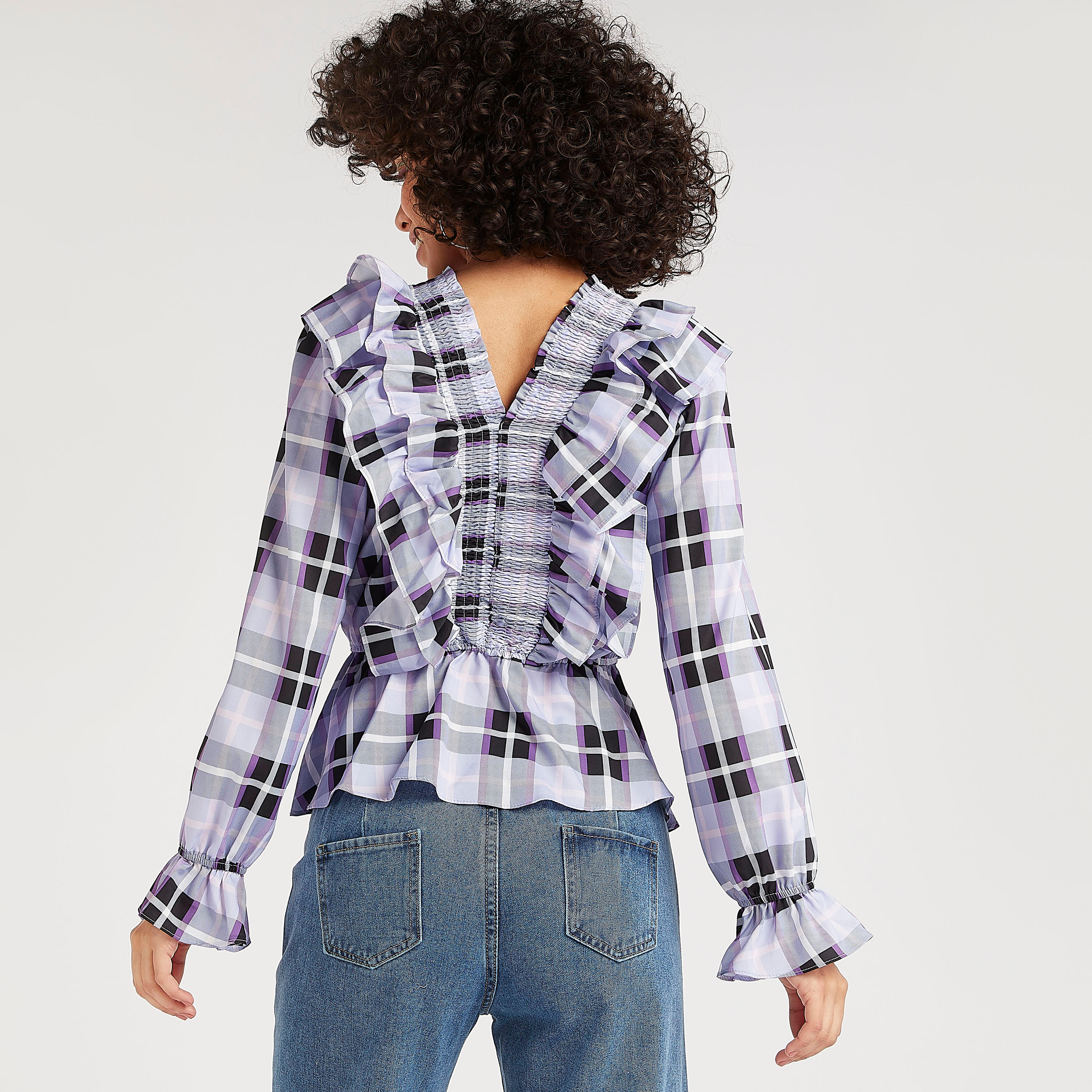 2Xtremz Checked Top with Smocked Panel and Ruffle Detail-women-clothing-shirtsandblouses-blouses-image-4