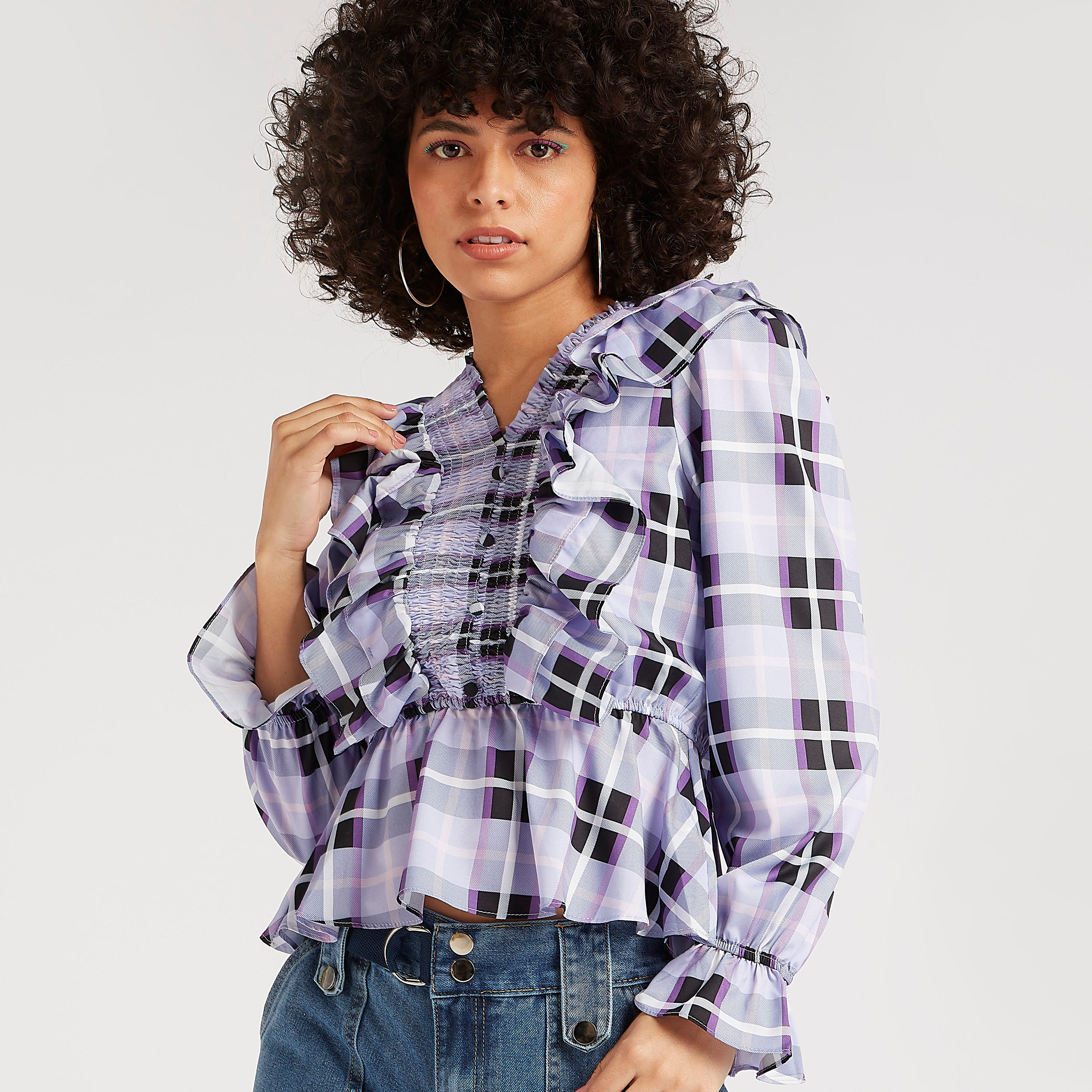 2Xtremz Checked Top with Smocked Panel and Ruffle Detail-women-clothing-shirtsandblouses-blouses-image-6